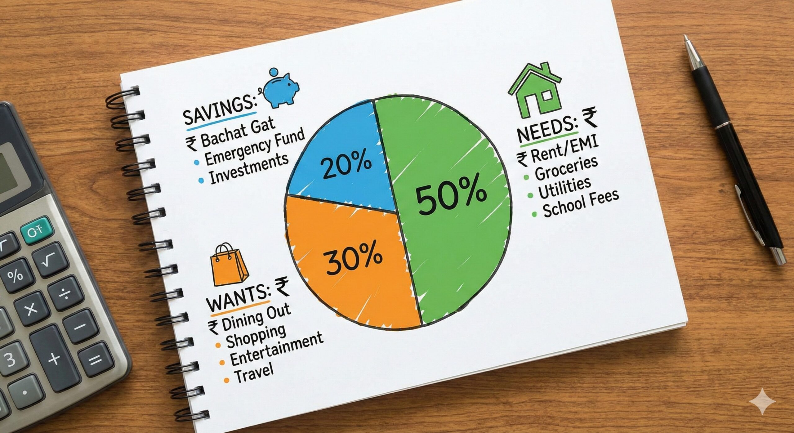 50 30 20 budget rule chart for Indian family monthly expenses with rupees