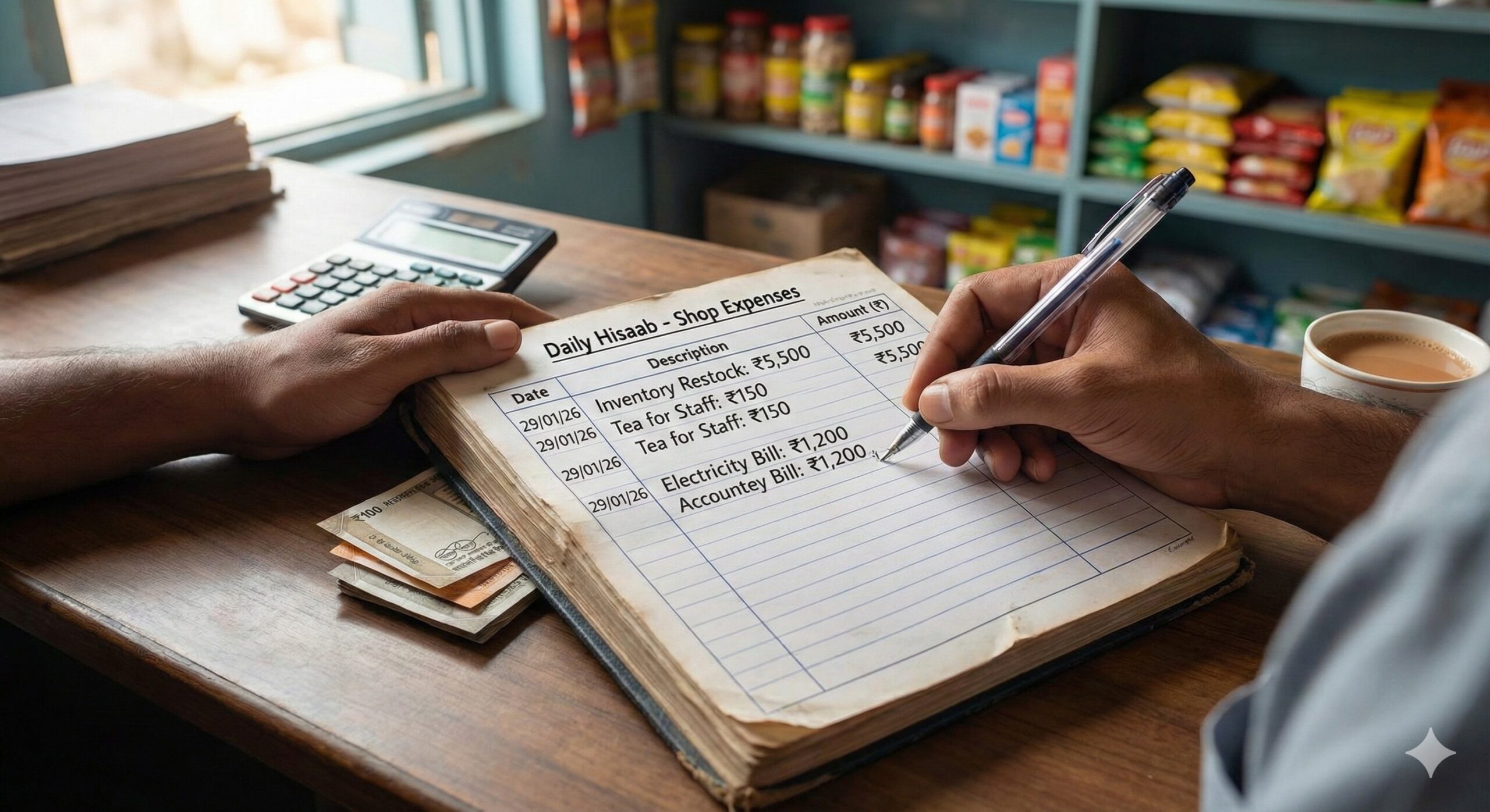 A person writing daily expenses in a notebook to track shop spending.