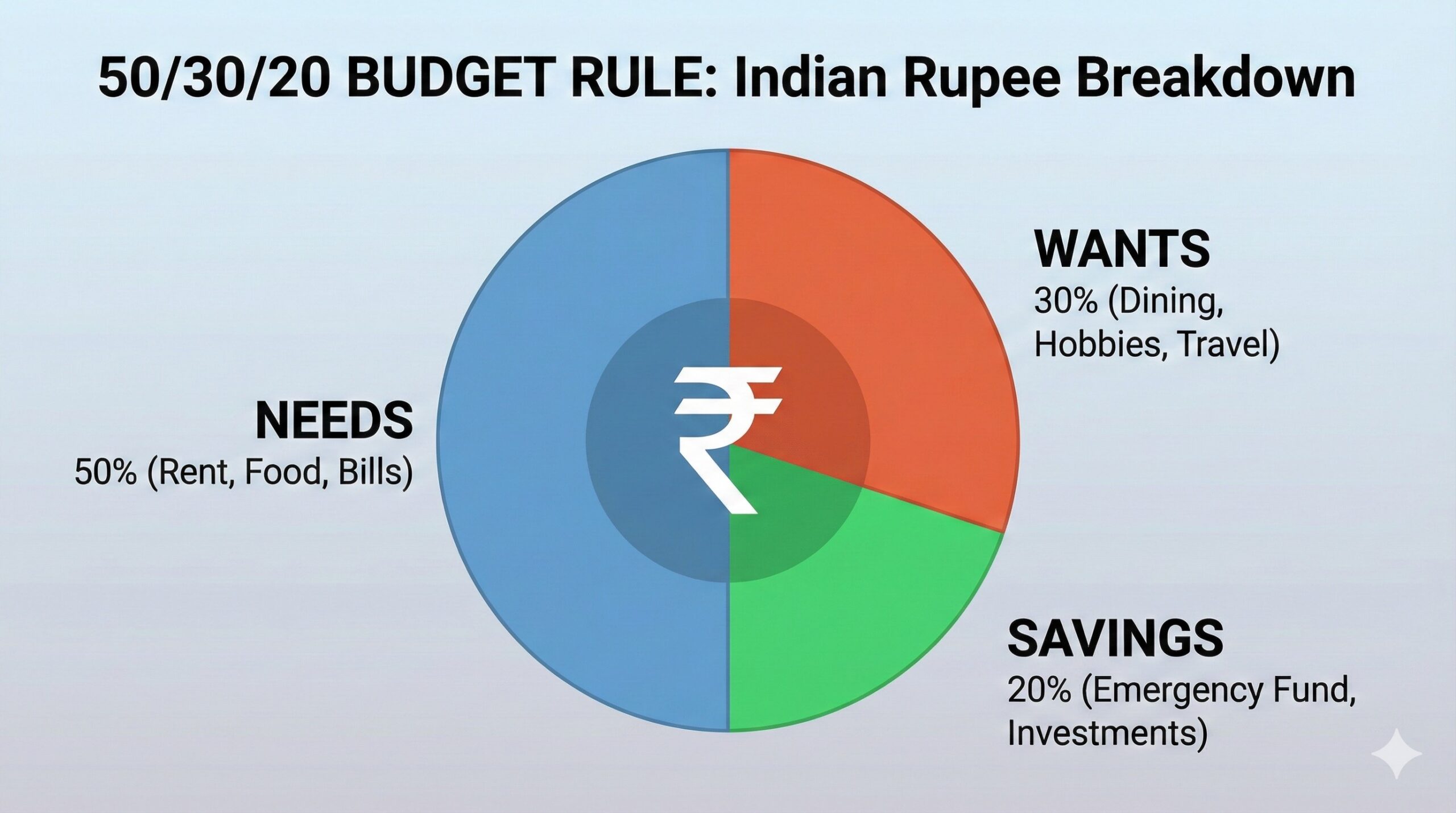 A simple pie chart showing 50 percent for needs, 30 percent for wants, and 20 percent for savings in Indian Rupees.
