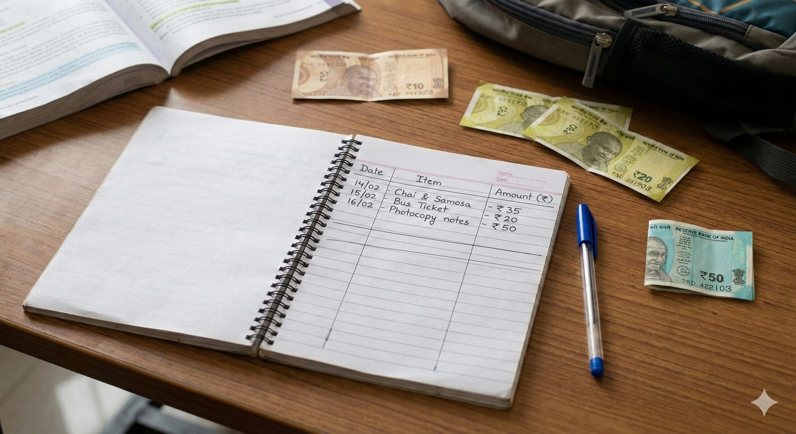 An open expense tracking notebook with a pen and small denomination Indian currency notes.