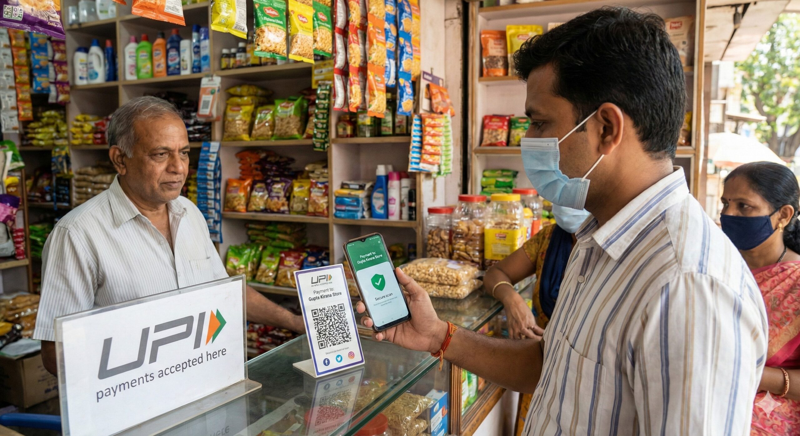 Customer safely scanning UPI QR code at Indian retail shop