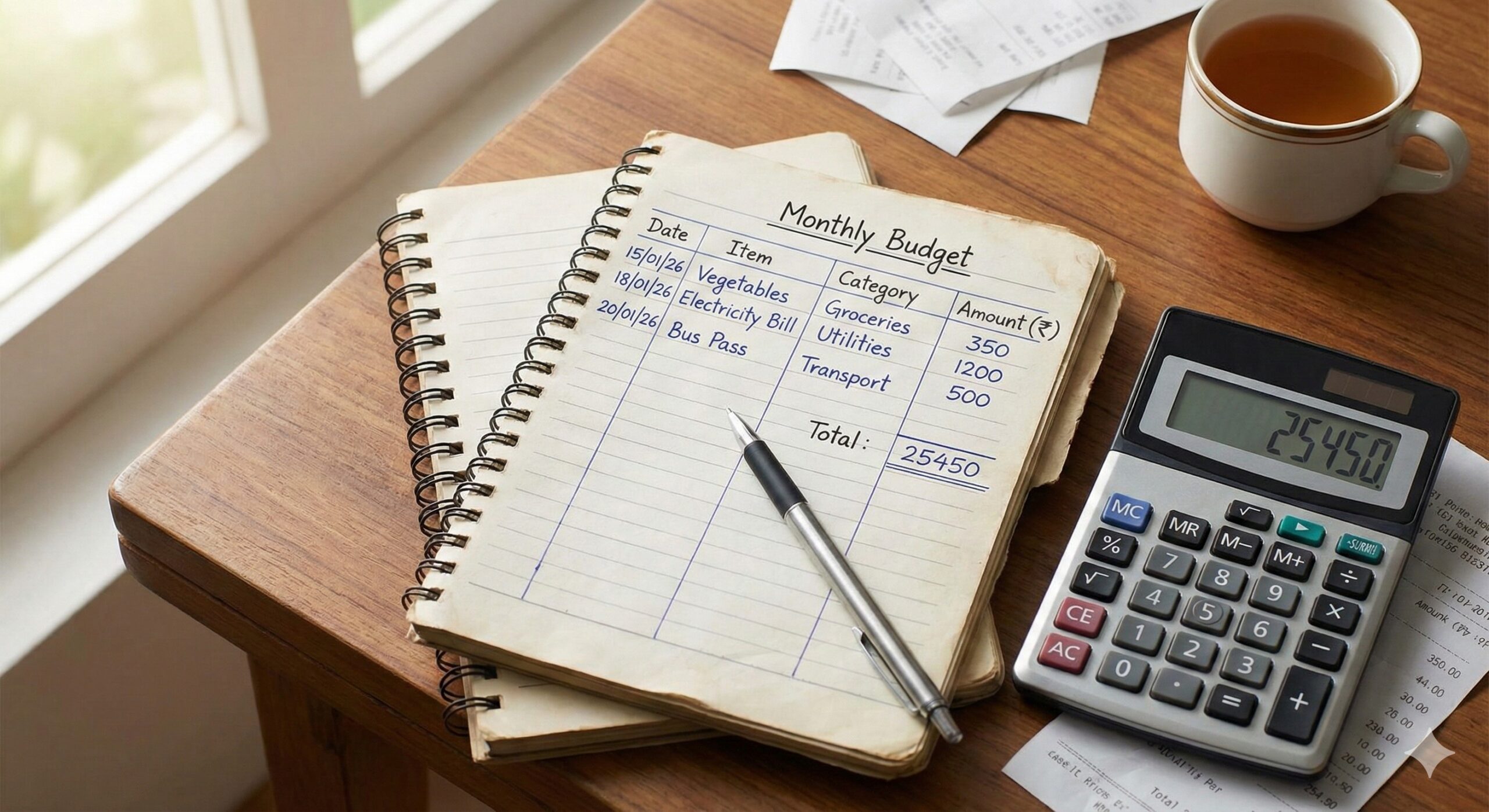 Handwritten monthly budget planner notebook and calculator
