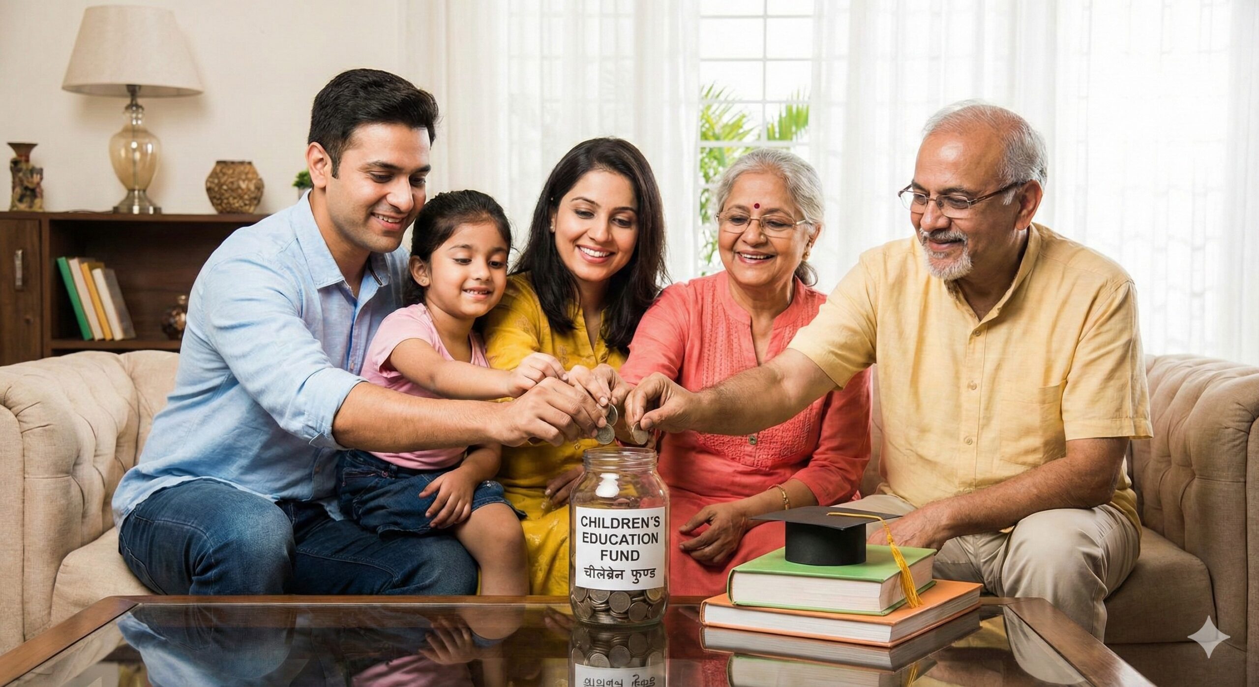 Indian family putting coins in a savings jar for future education goals