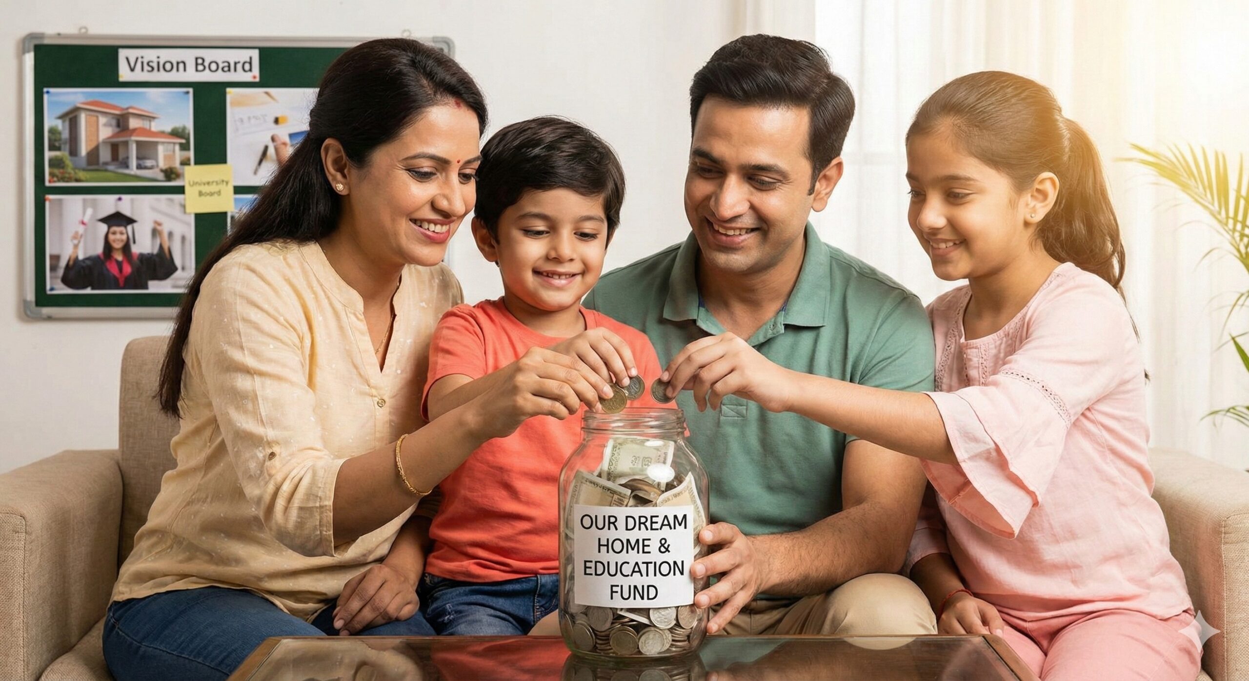 Indian family putting coins in a savings jar for future goals