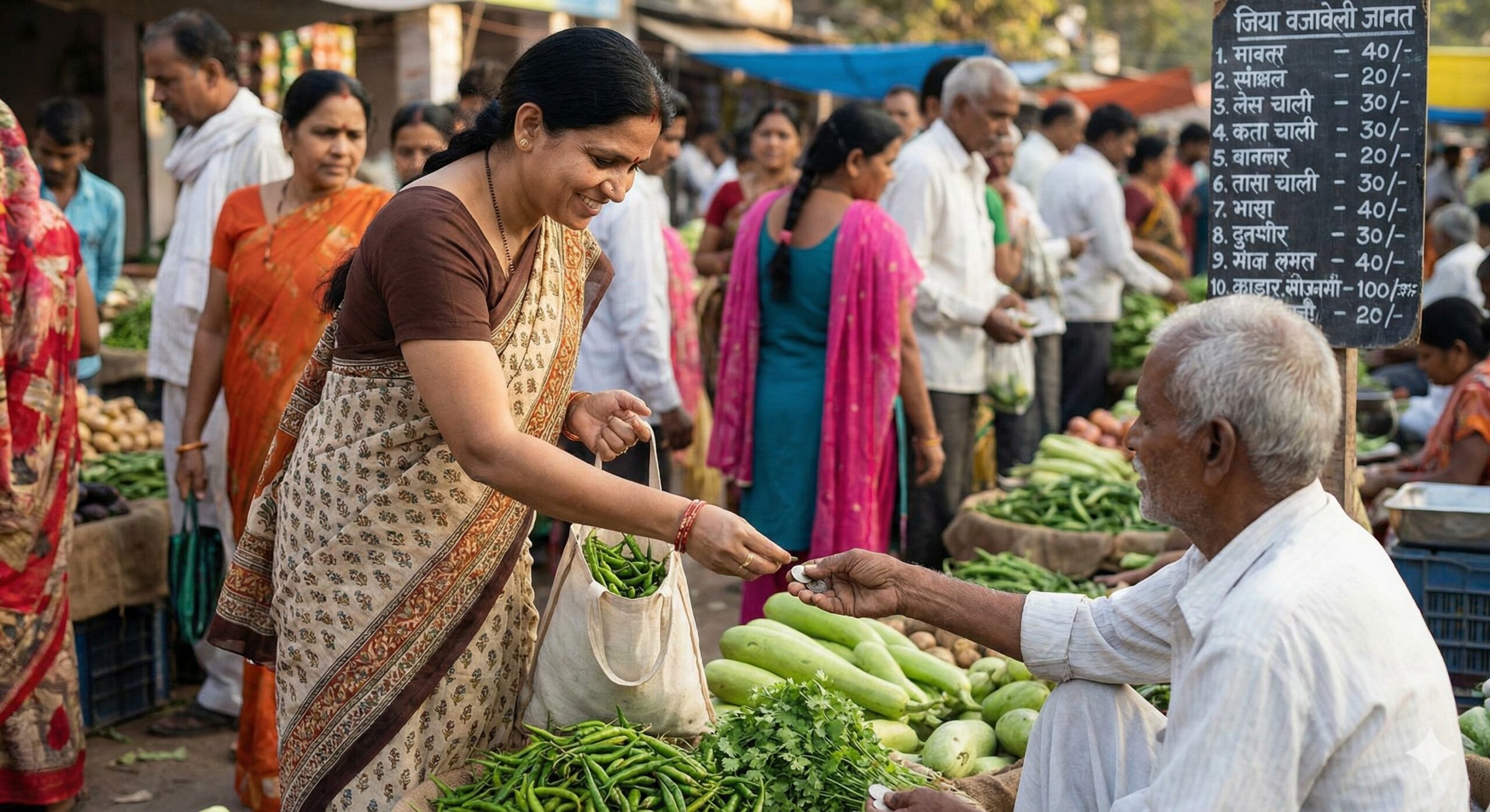 Indian housewife buying vegetables in local market for budget saving