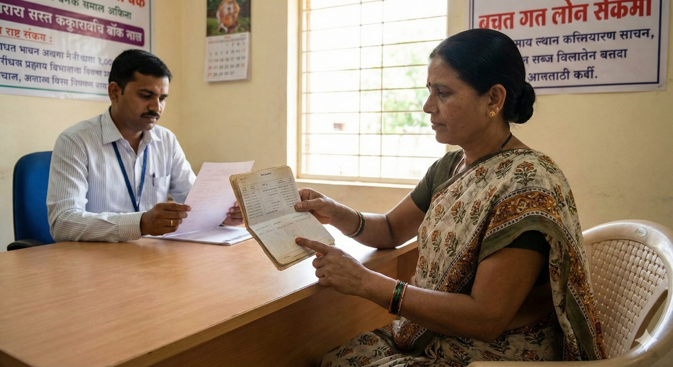 Indian woman holding bank passbook for Bachat Gat loan application
