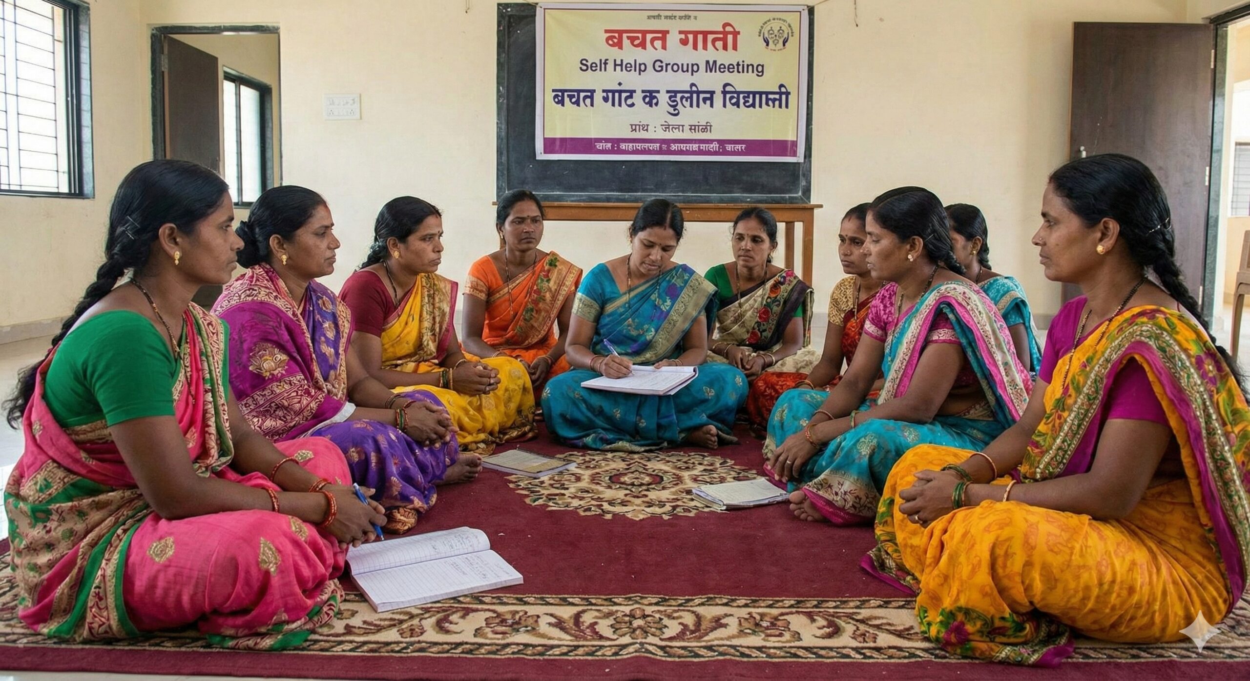 Indian women sitting in a circle for Bachat Gat Self Help Group meeting