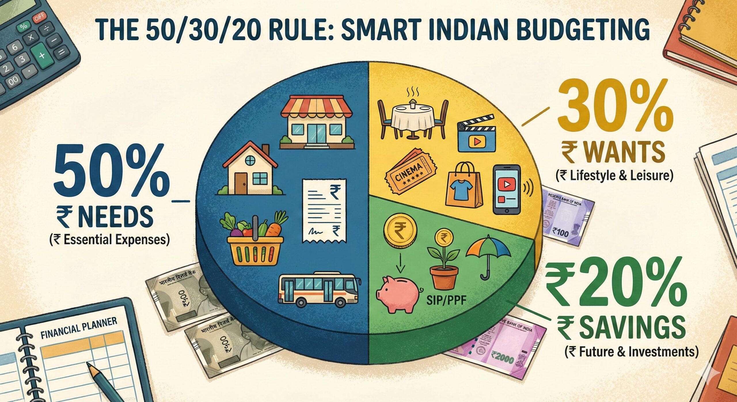 50 30 20 budgeting rule pie chart India for salary allocation