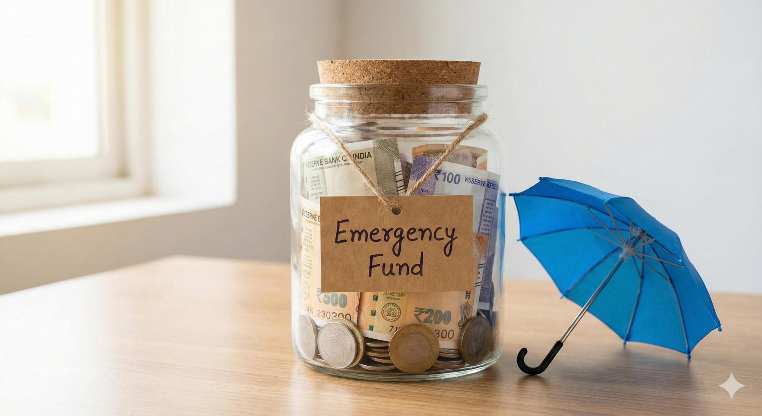 A glass savings jar labeled Emergency Fund filled with Indian rupees, sitting next to a blue umbrella symbolizing financial protection.
