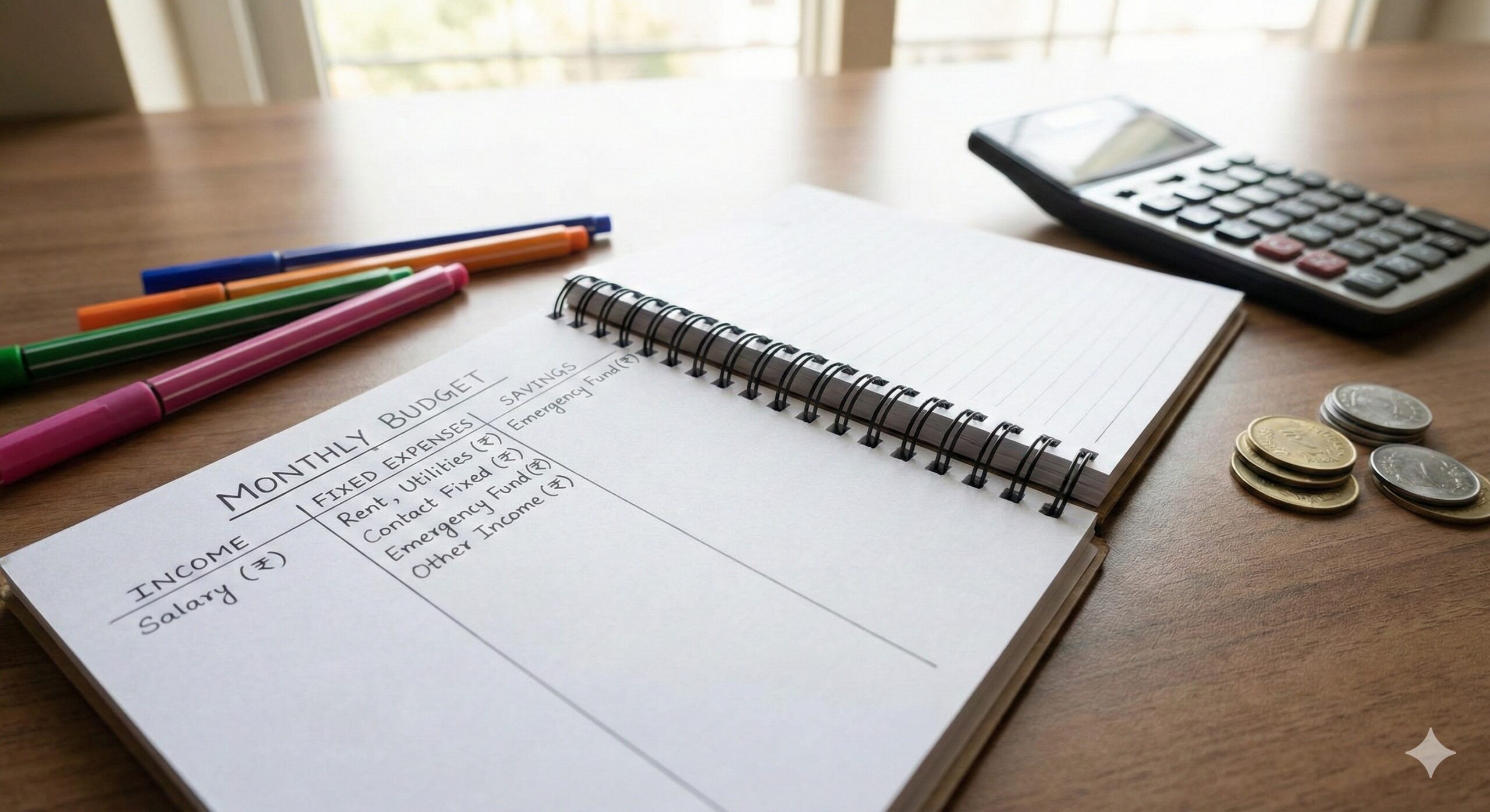 A monthly budget planner notebook showing income, fixed expenses, and savings columns for Indian households. 