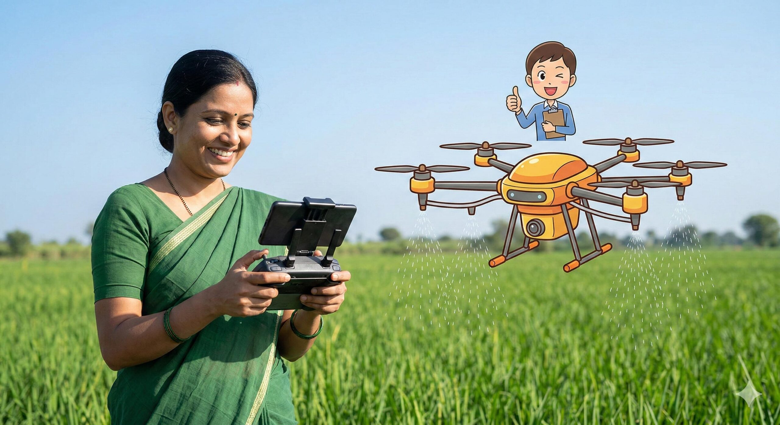 A real Indian woman controlling a cartoon agricultural drone in a field.