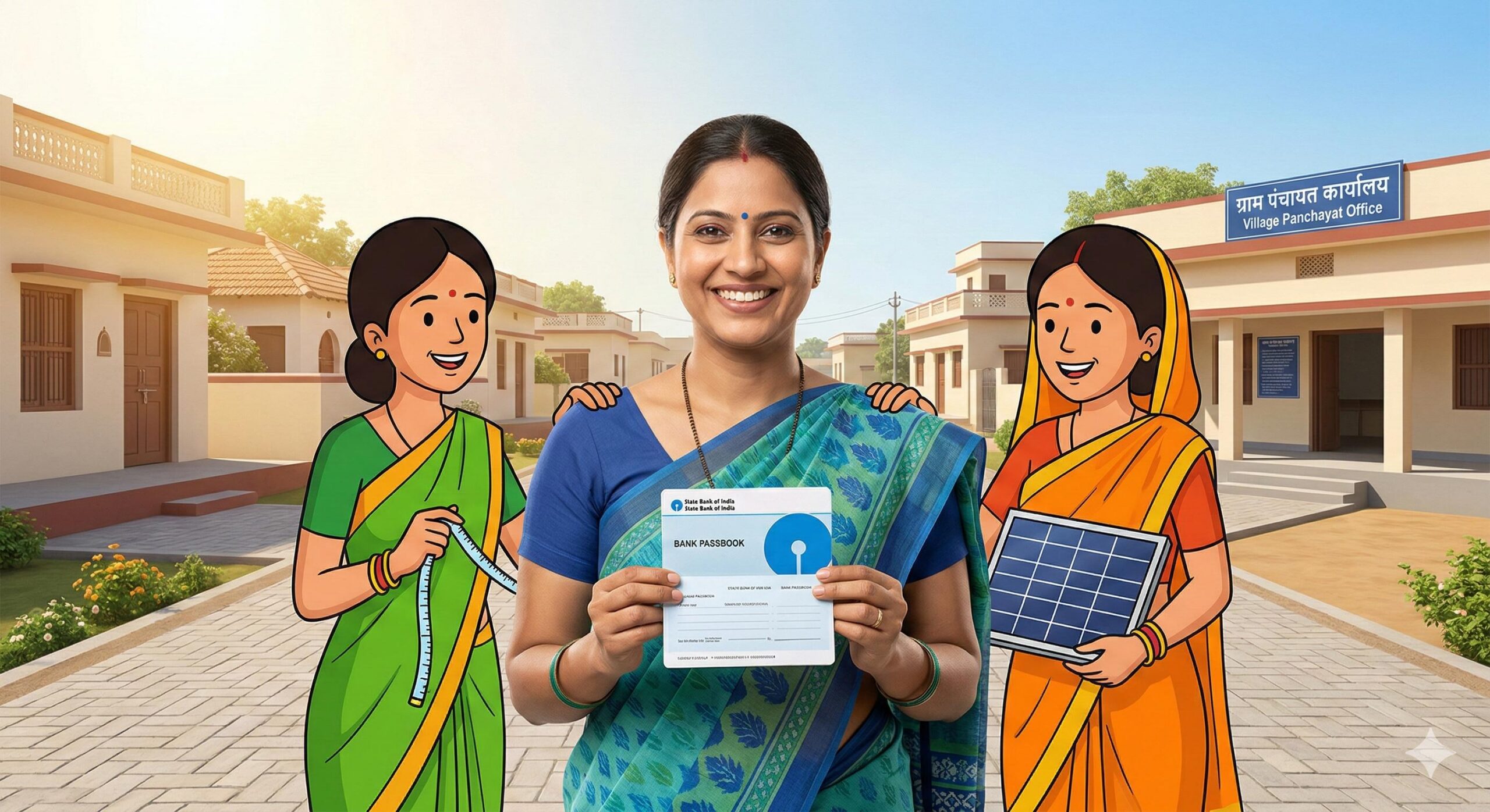 A real Indian woman holding a passbook alongside cartoon women representing a Self-Help Group.