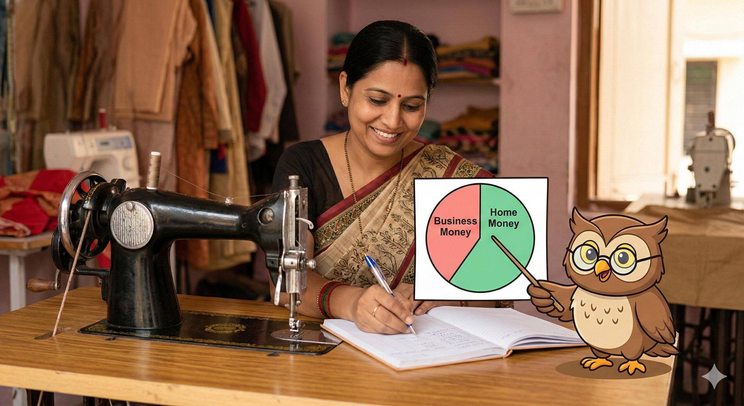 A real female tailor writing in a book next to a cartoon owl explaining a budget.