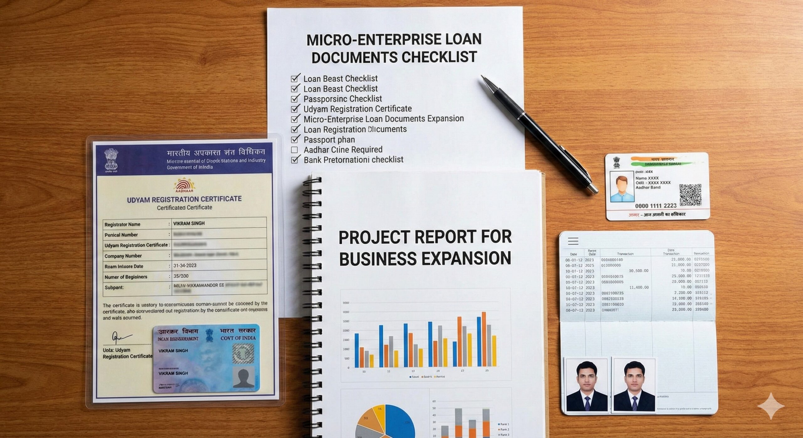 Checklist of loan documents including Udyam Aadhar, PAN card, and Project Report.