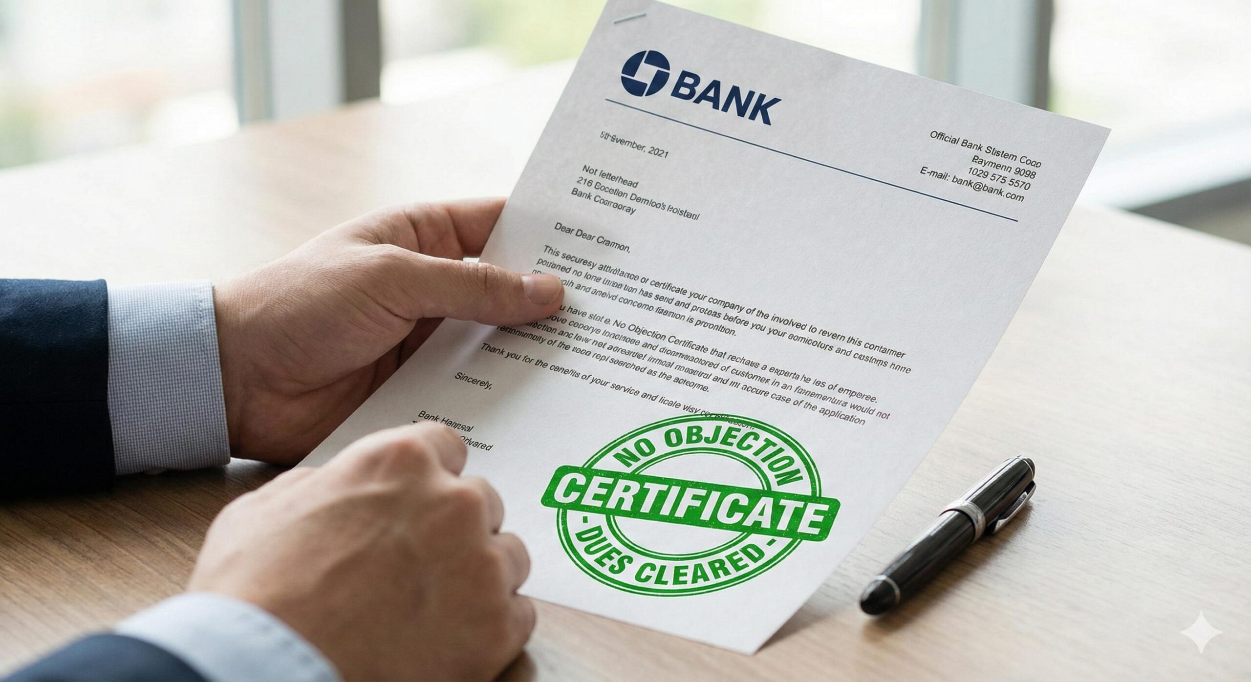 Close-up of a No Objection Certificate (NOC) document from a bank with a green dues cleared stamp, proving successful debt repayment.