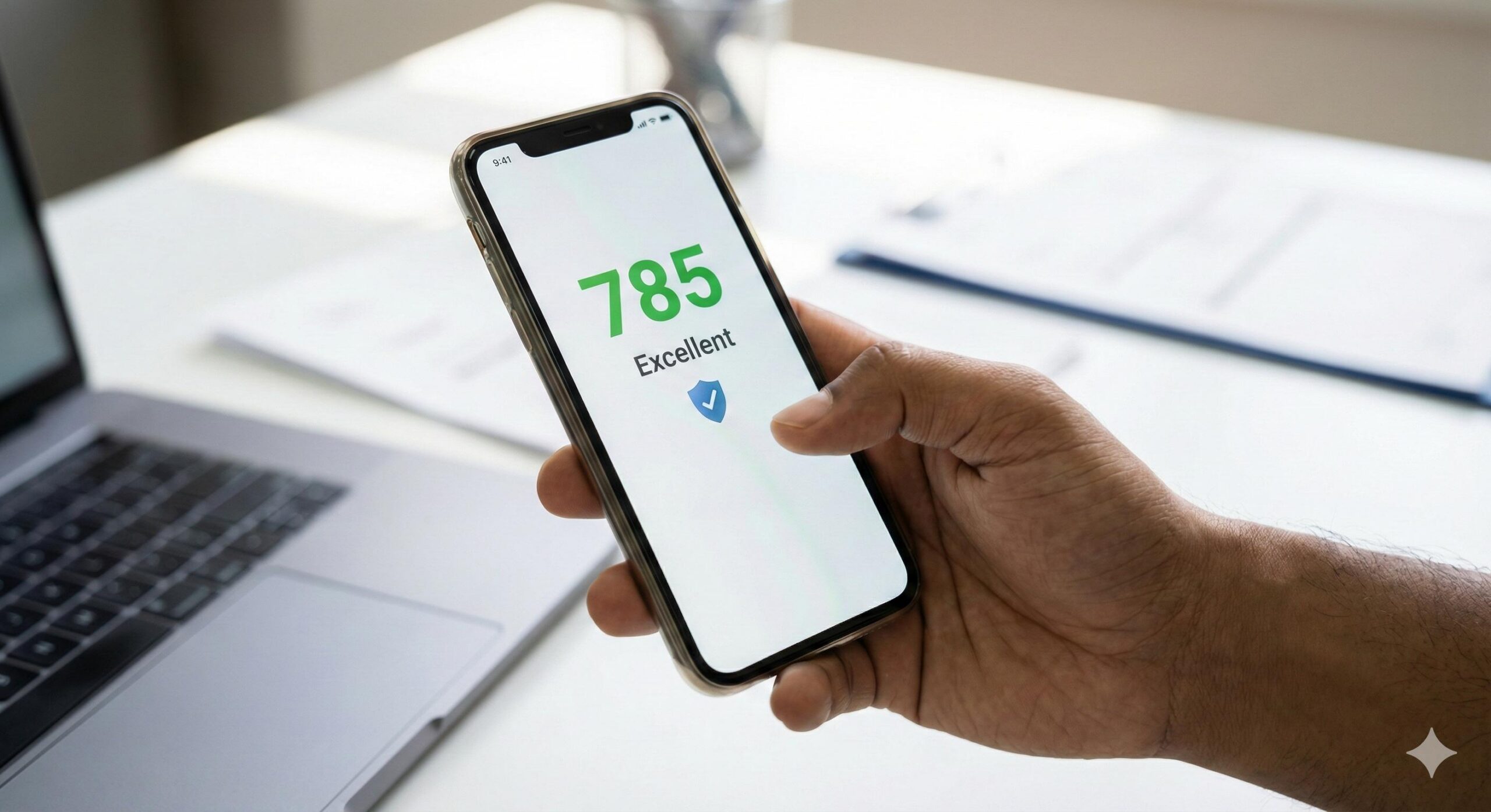 Close up of mobile phone screen displaying an excellent 785 CIBIL score on a secure banking app.