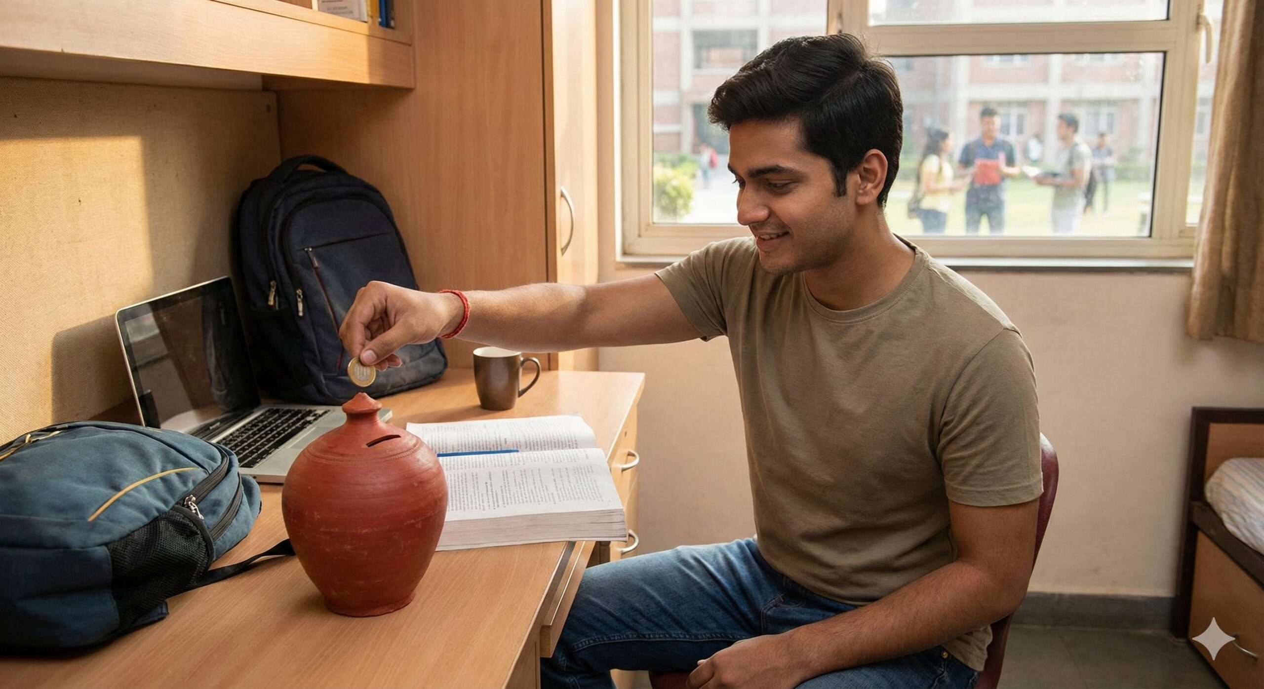 College student putting coin in a clay gullak (piggy bank) for future savings