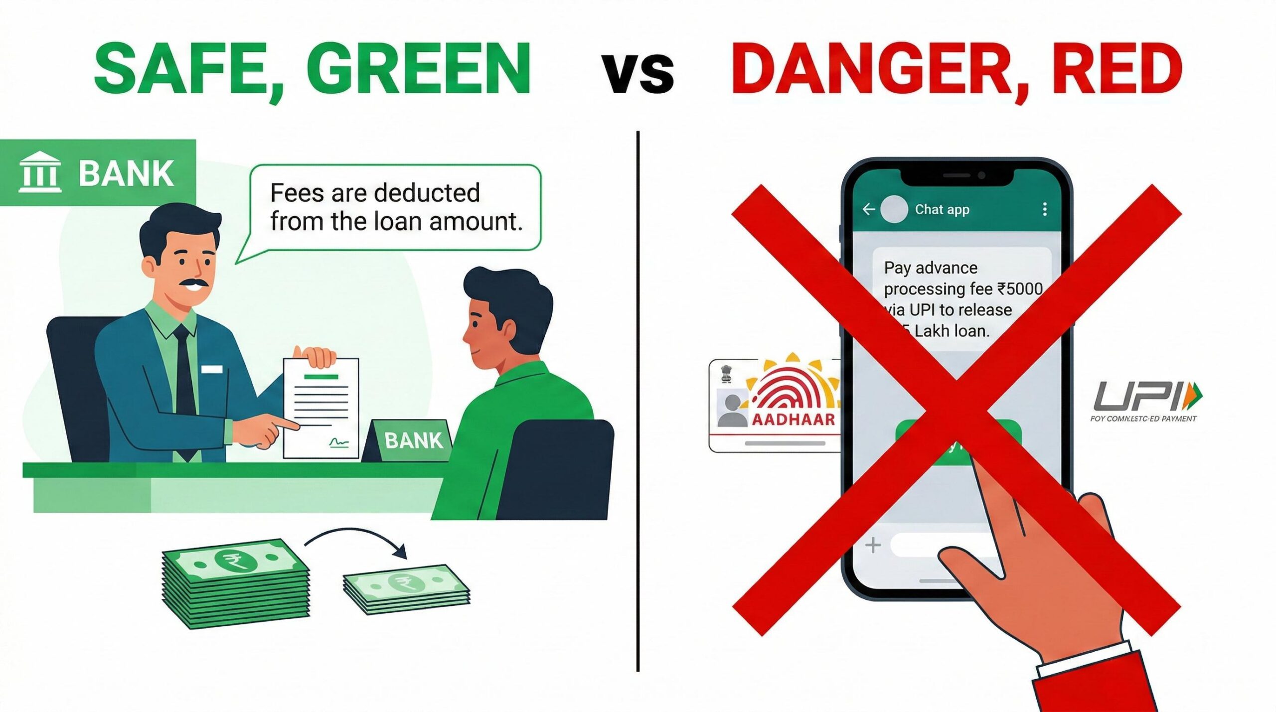 Comparison showing correct processing fee deduction vs. fraudulent upfront payment via UPI.