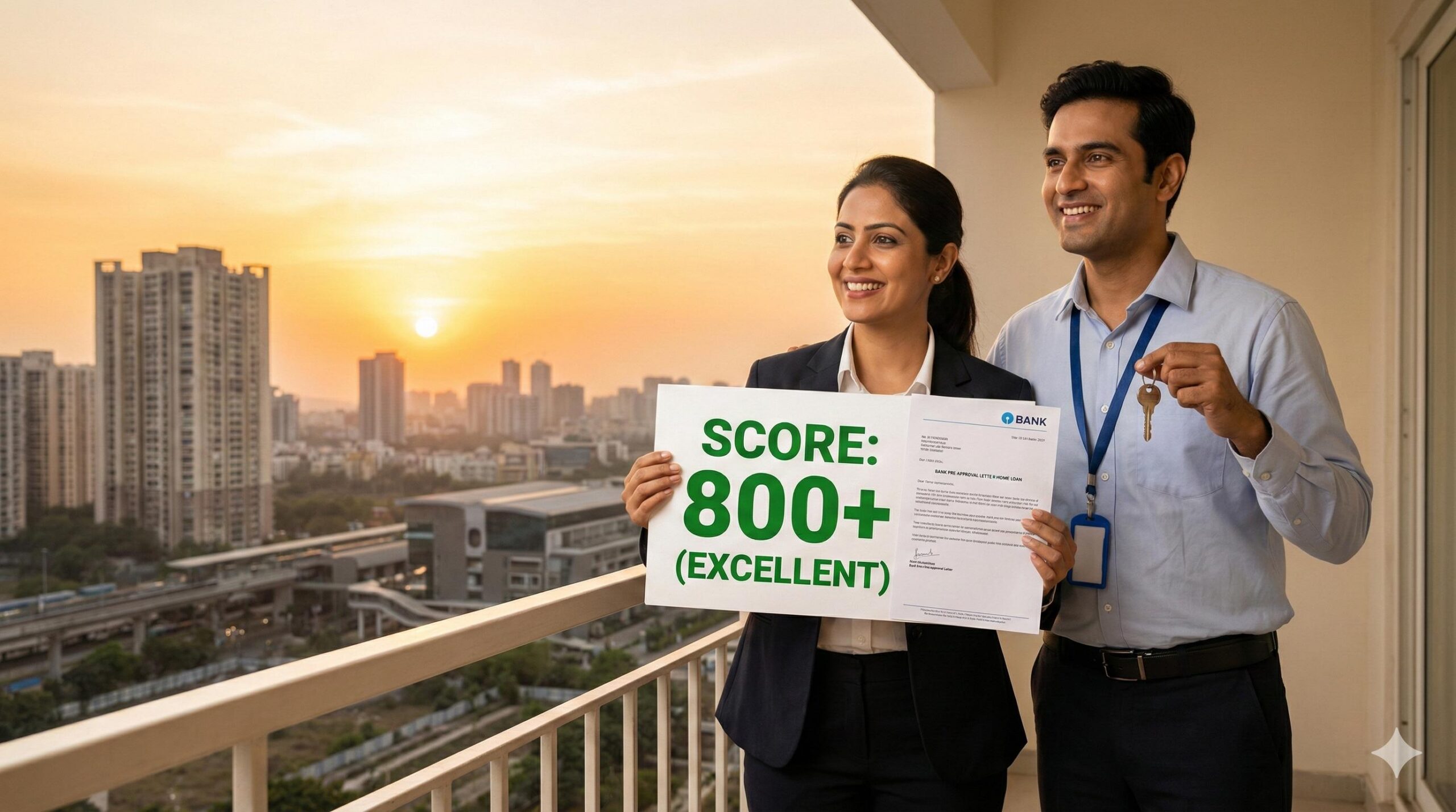 Couple securing a low-interest home loan with excellent CIBIL score.