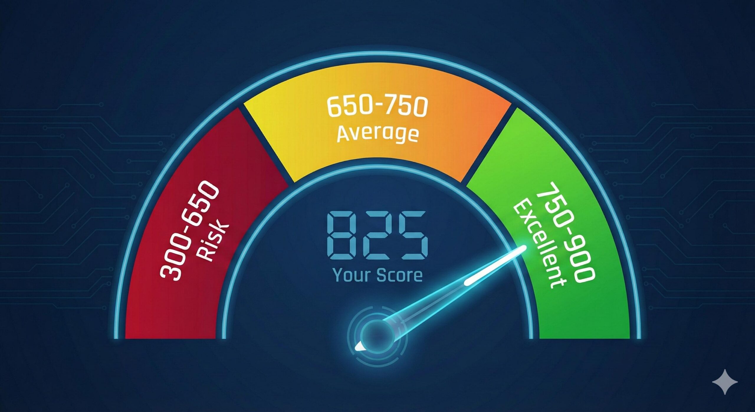 Credit score range gauge infographic showing red poor zone, yellow average zone, and green excellent zone.