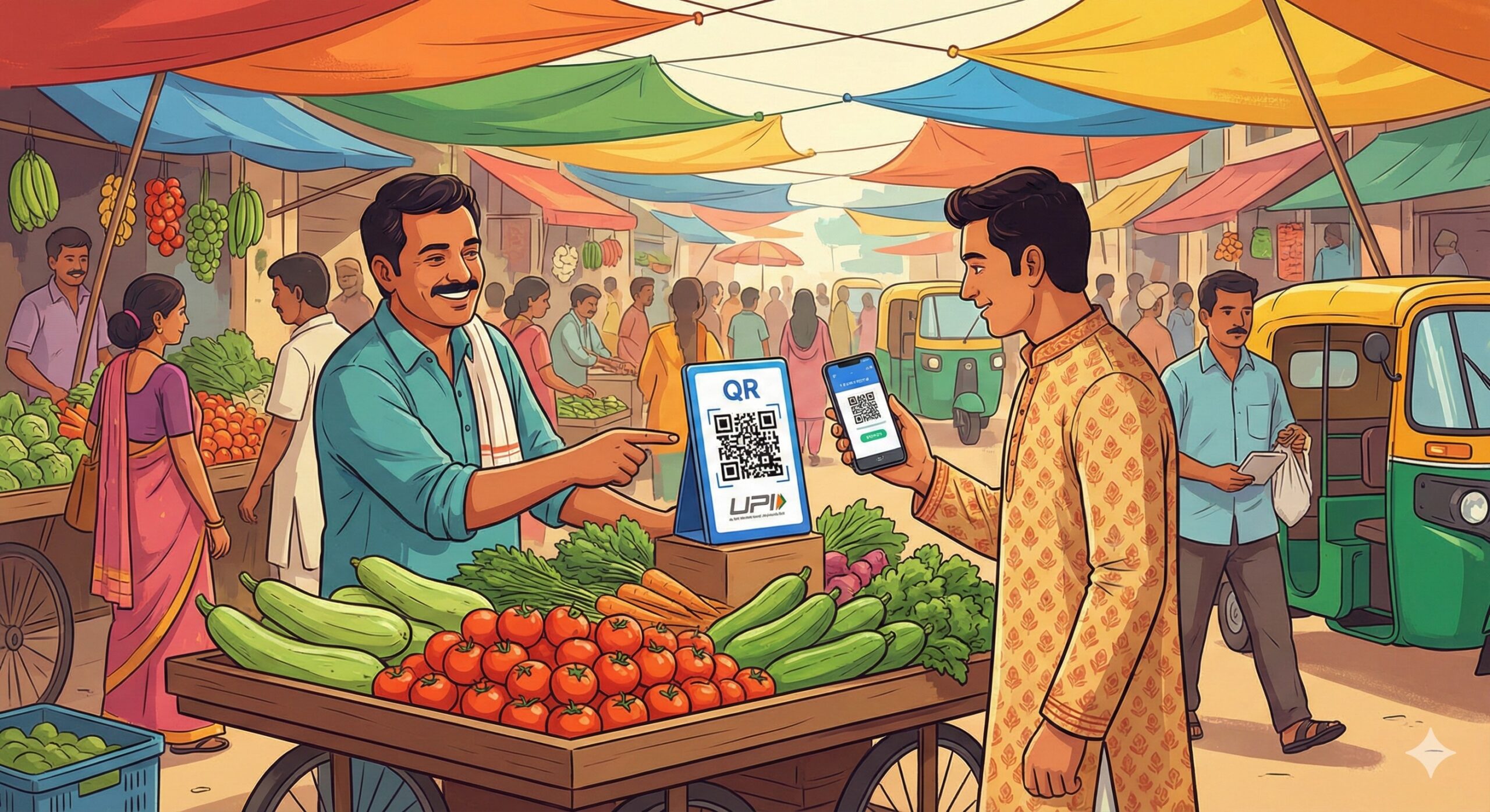 Customer paying via UPI QR code at an Indian vegetable market.