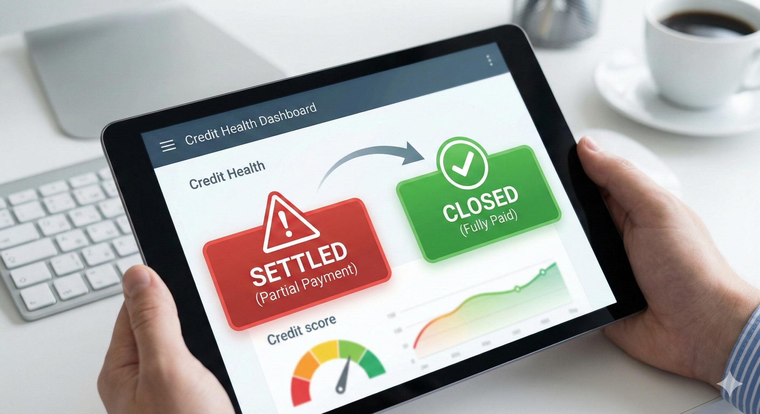 Digital tablet displaying a credit report dashboard, illustrating the difference between a negative settled account and a positive closed account.