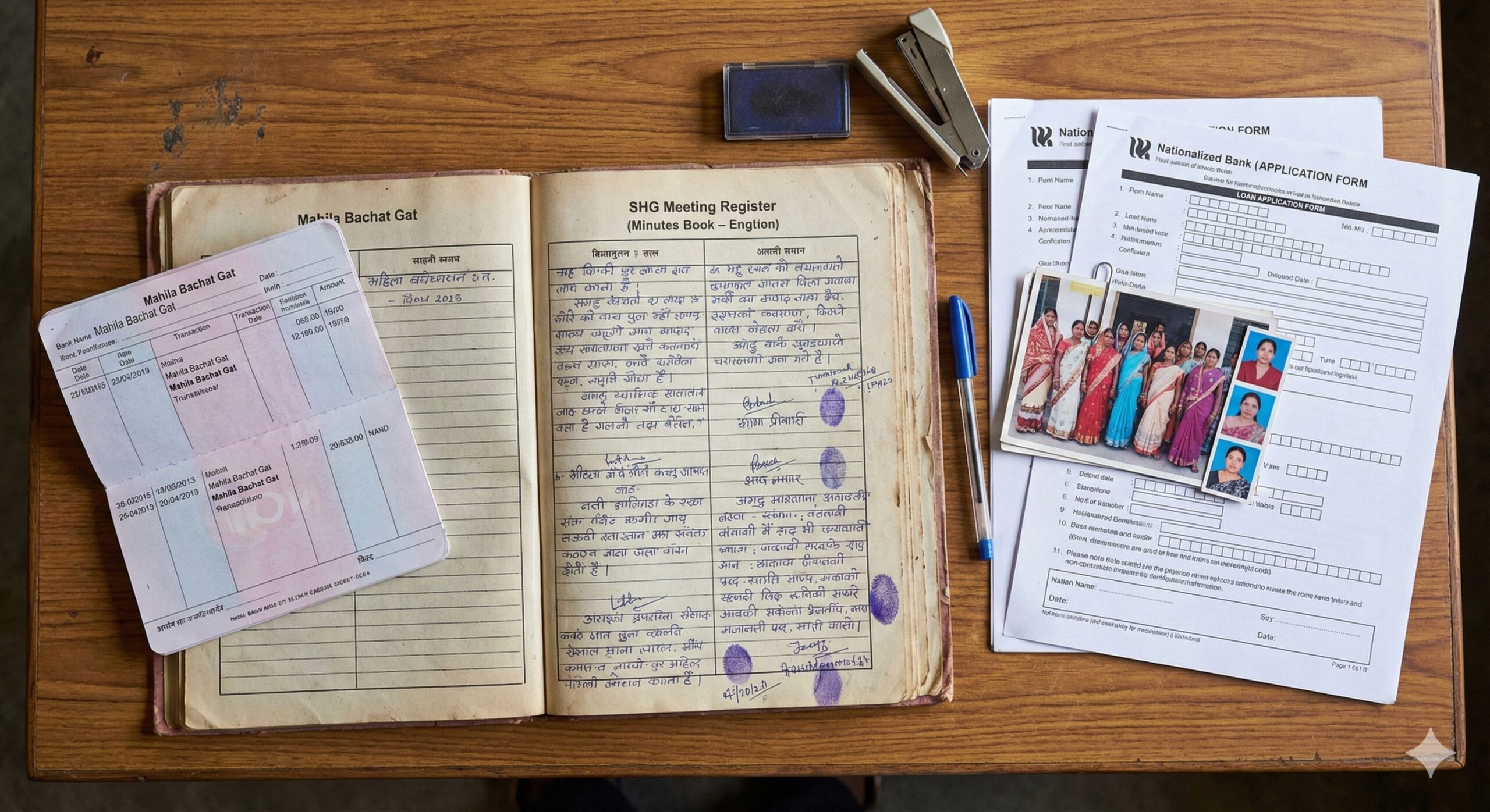 Flat lay image of SHG meeting register, bank passbook, and application forms on a desk.