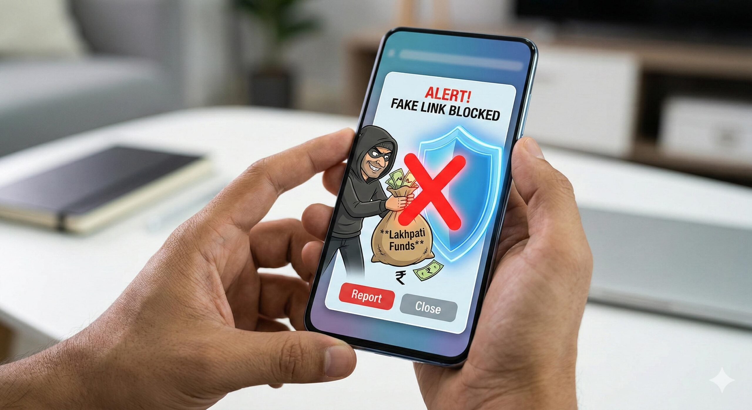 Hands holding a phone showing a cartoon shield blocking a digital scammer.
