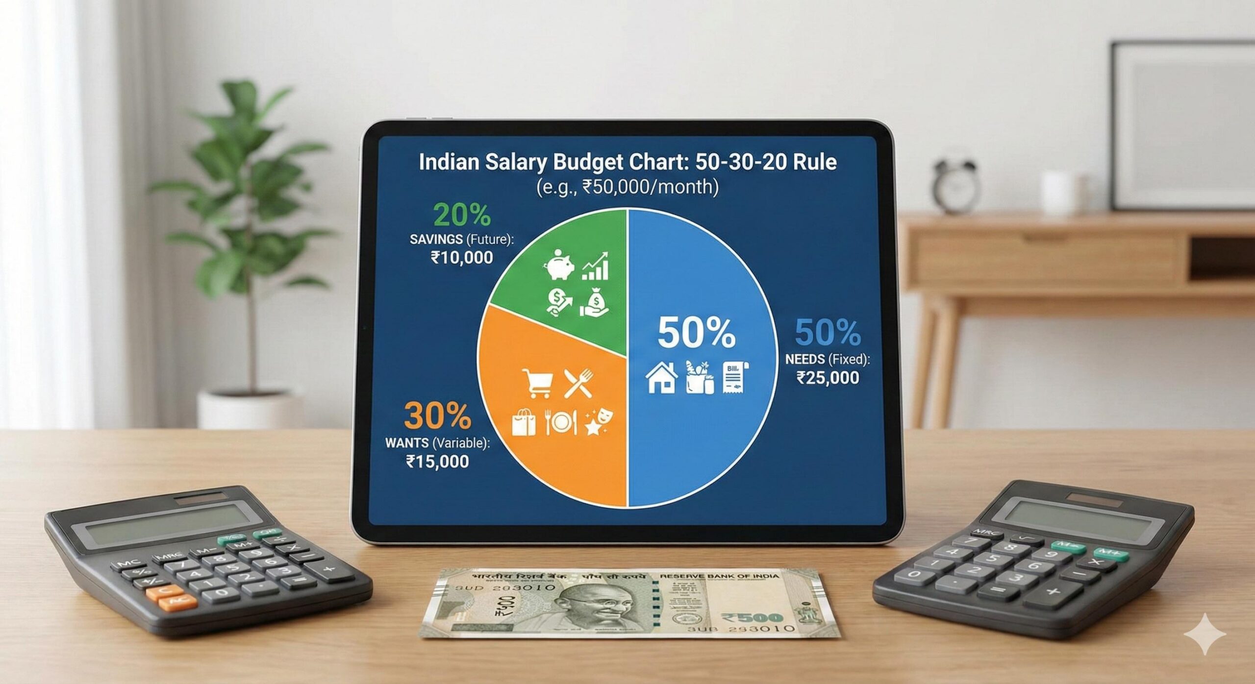 Household expense chartPie chart showing 50-30-20 budget rule distribution for Indian salary in Rupees