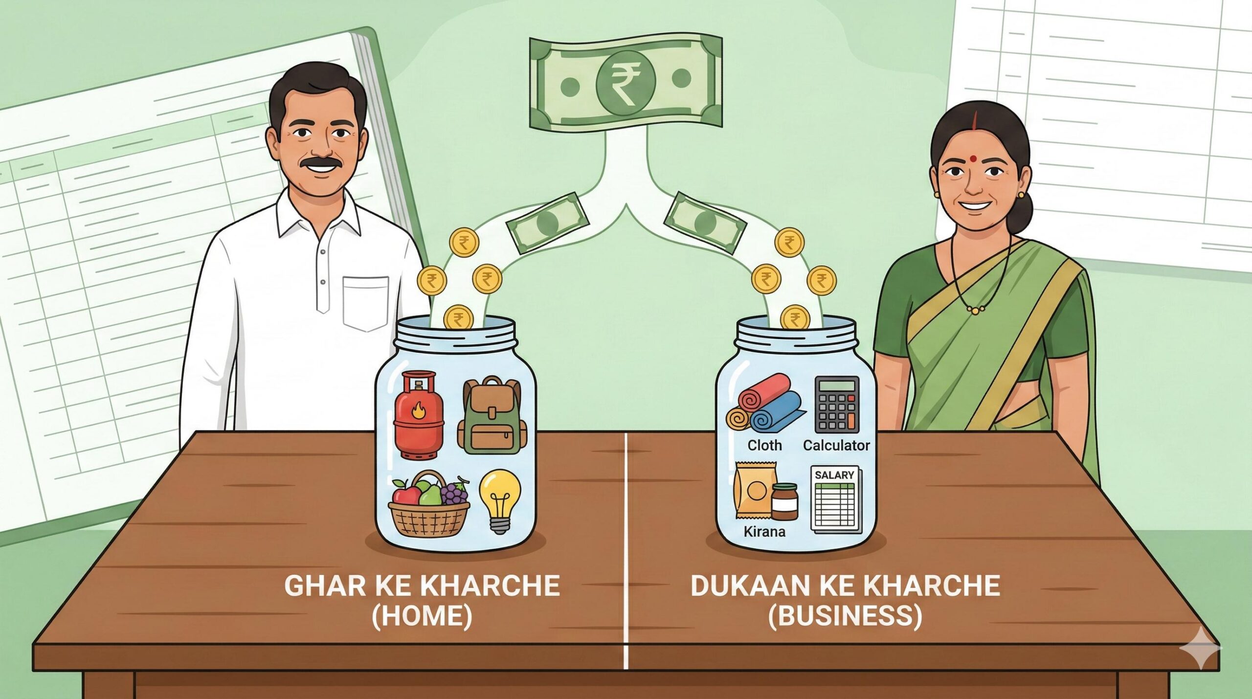 Illustration showing an Indian couple budgeting by separating home expenses from business expenses.