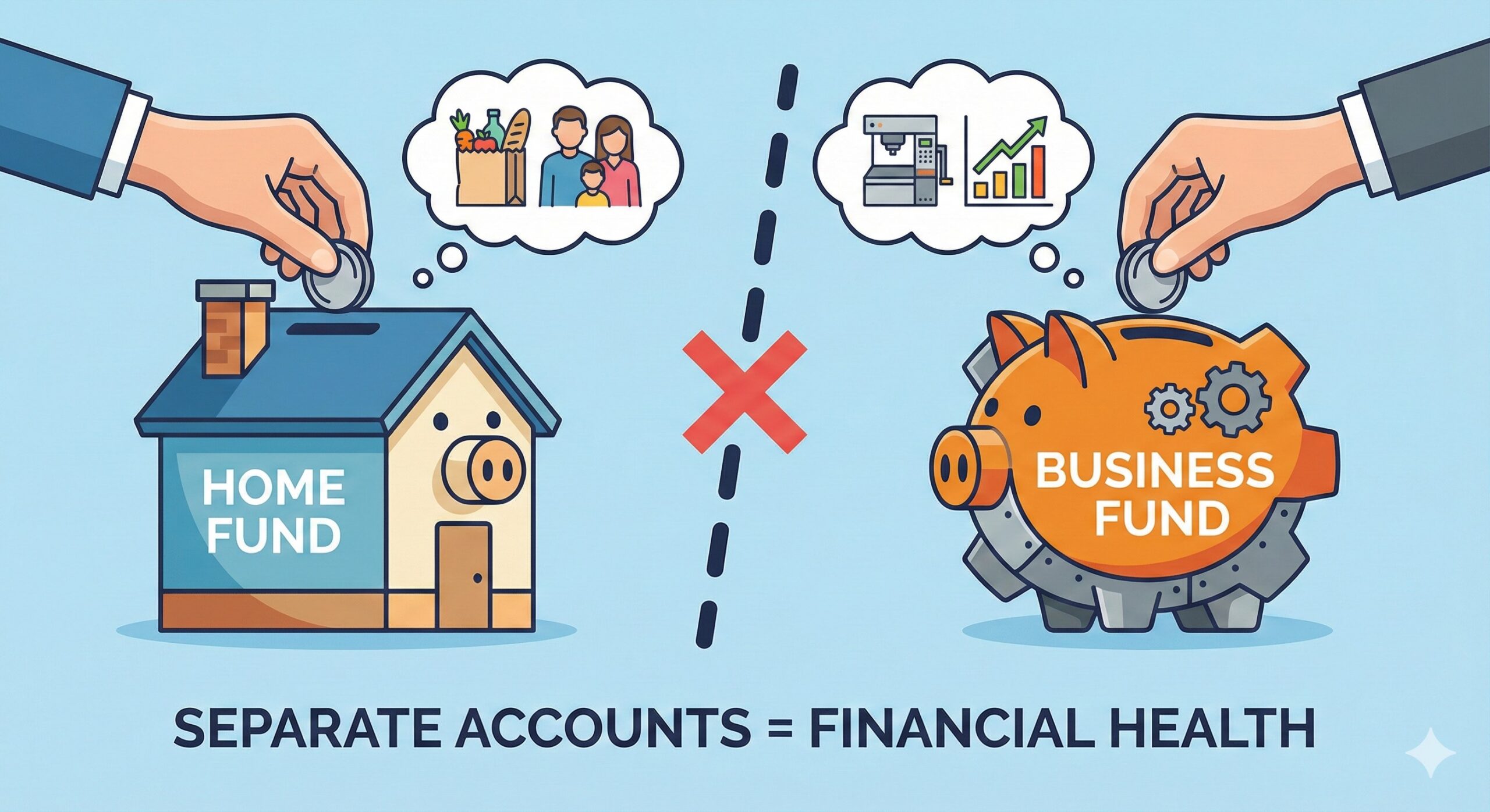 Illustration showing two separate piggy banks, one labeled _Home_ and one labeled _Business
