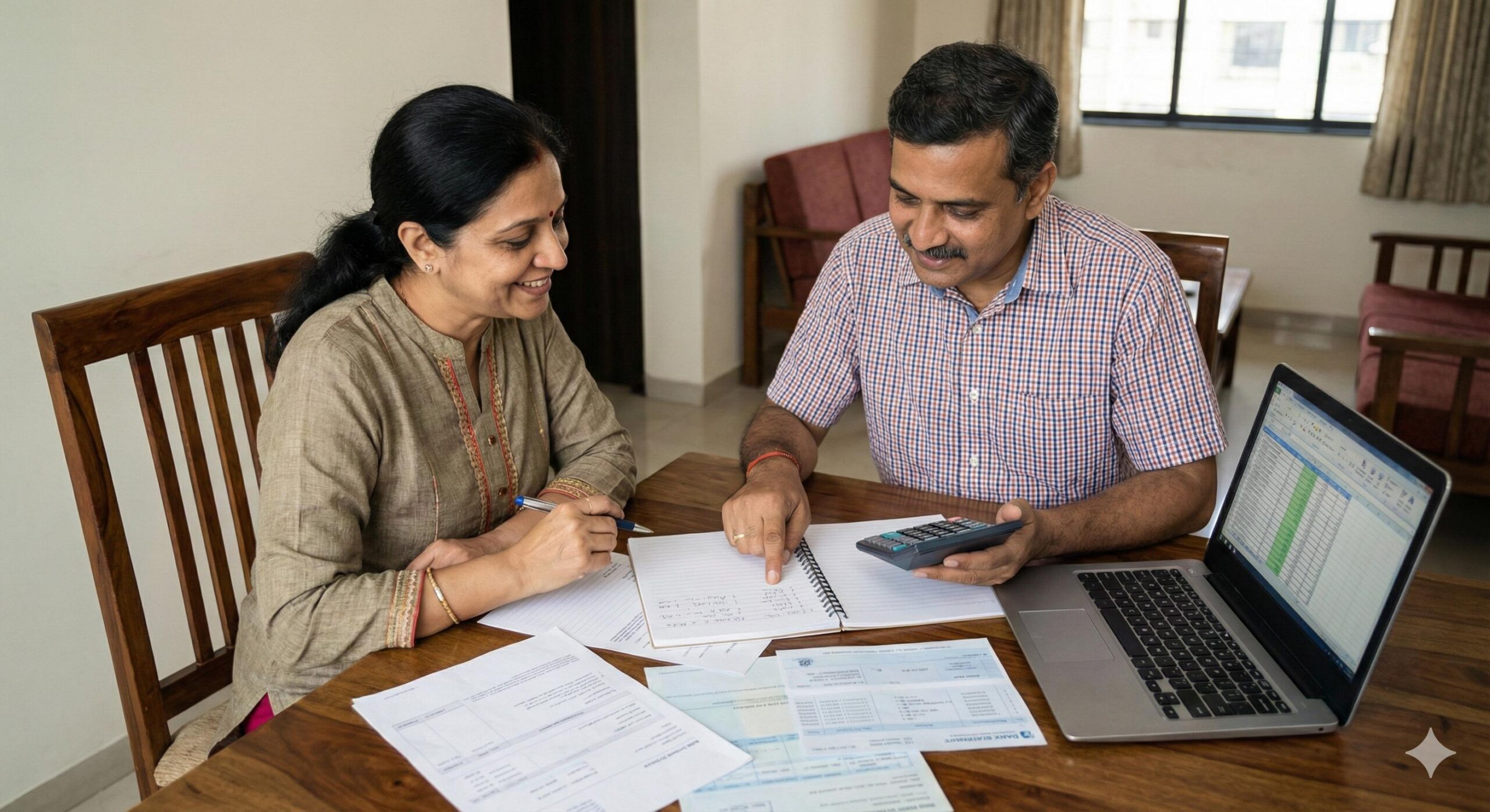 Indian couple budget planning and calculating monthly expenses