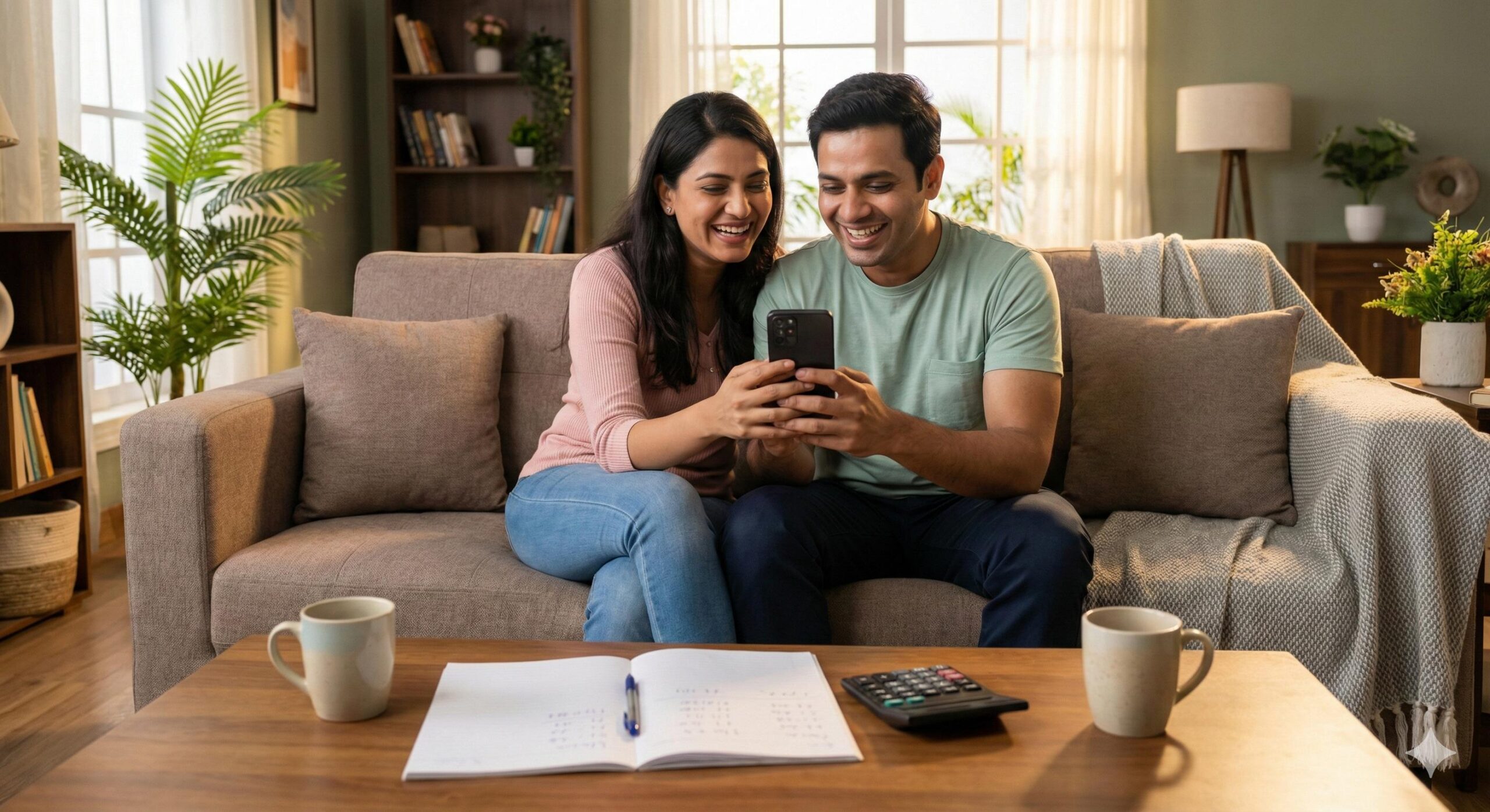 Indian couple checking good CIBIL credit score on smartphone app together at home.