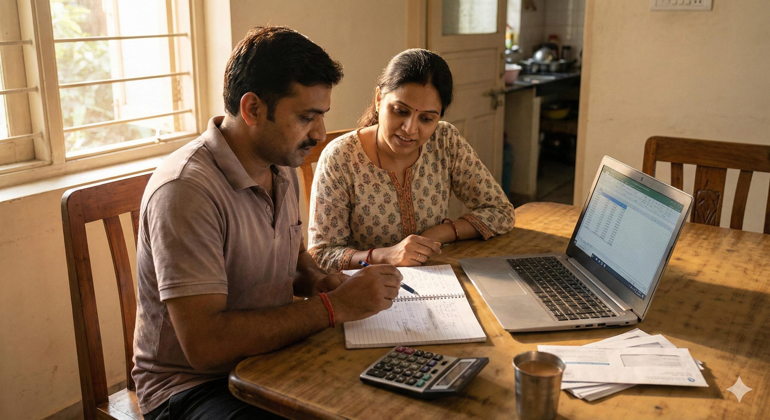 Indian couple managing their monthly household budget and financial planning together