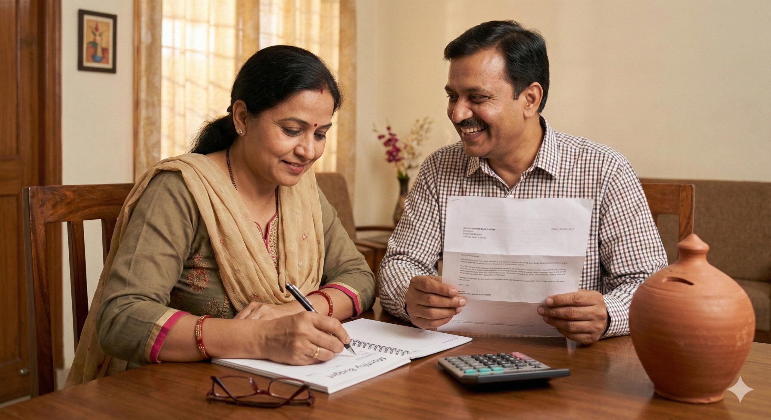 Indian couple smiling and feeling relieved while reviewing a bank clearance letter and planning their monthly household budget together.