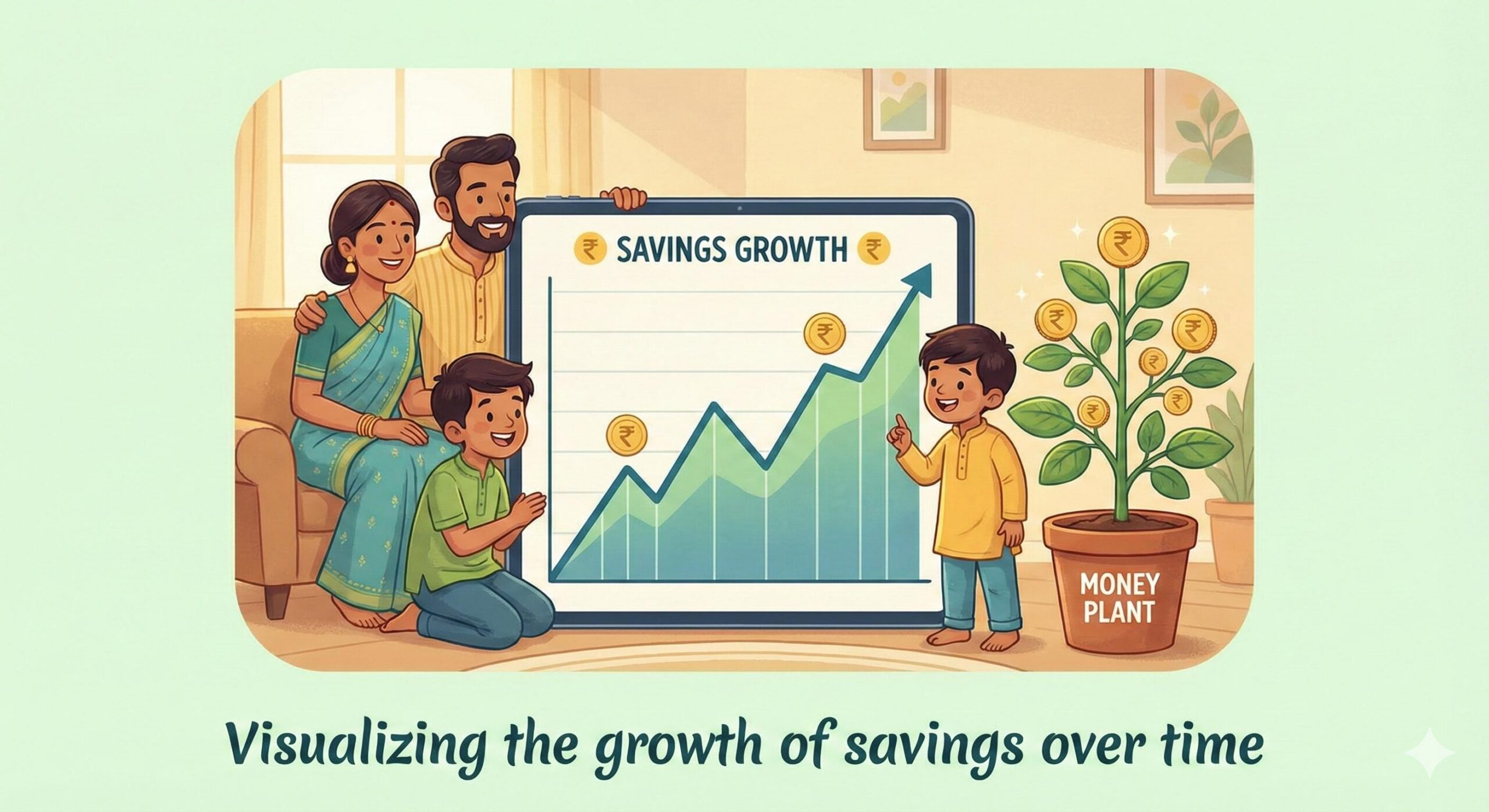 Indian family happily looking at growing savings graph and money plant