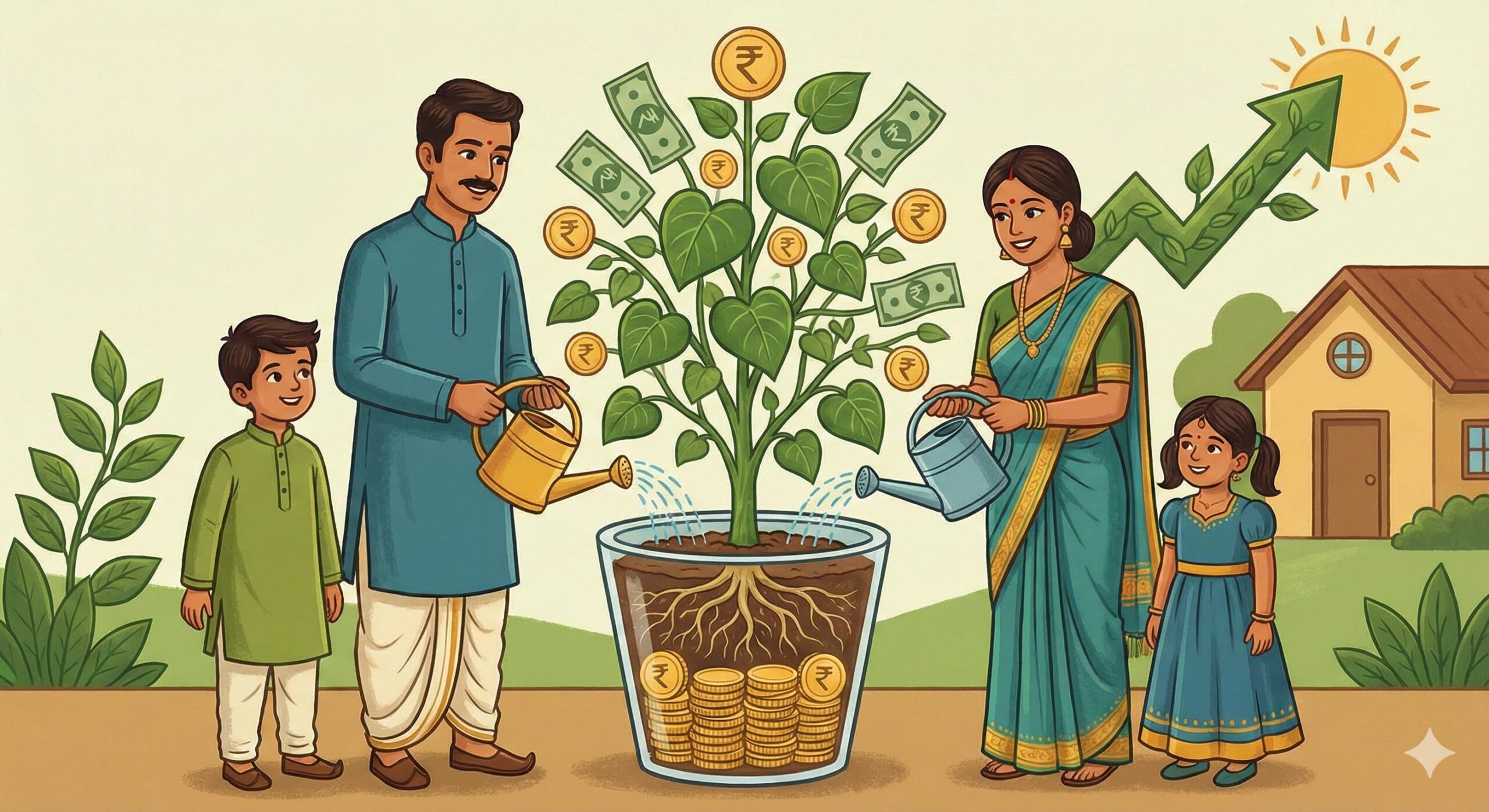 Indian family watering a money plant representing growing savings and wealth