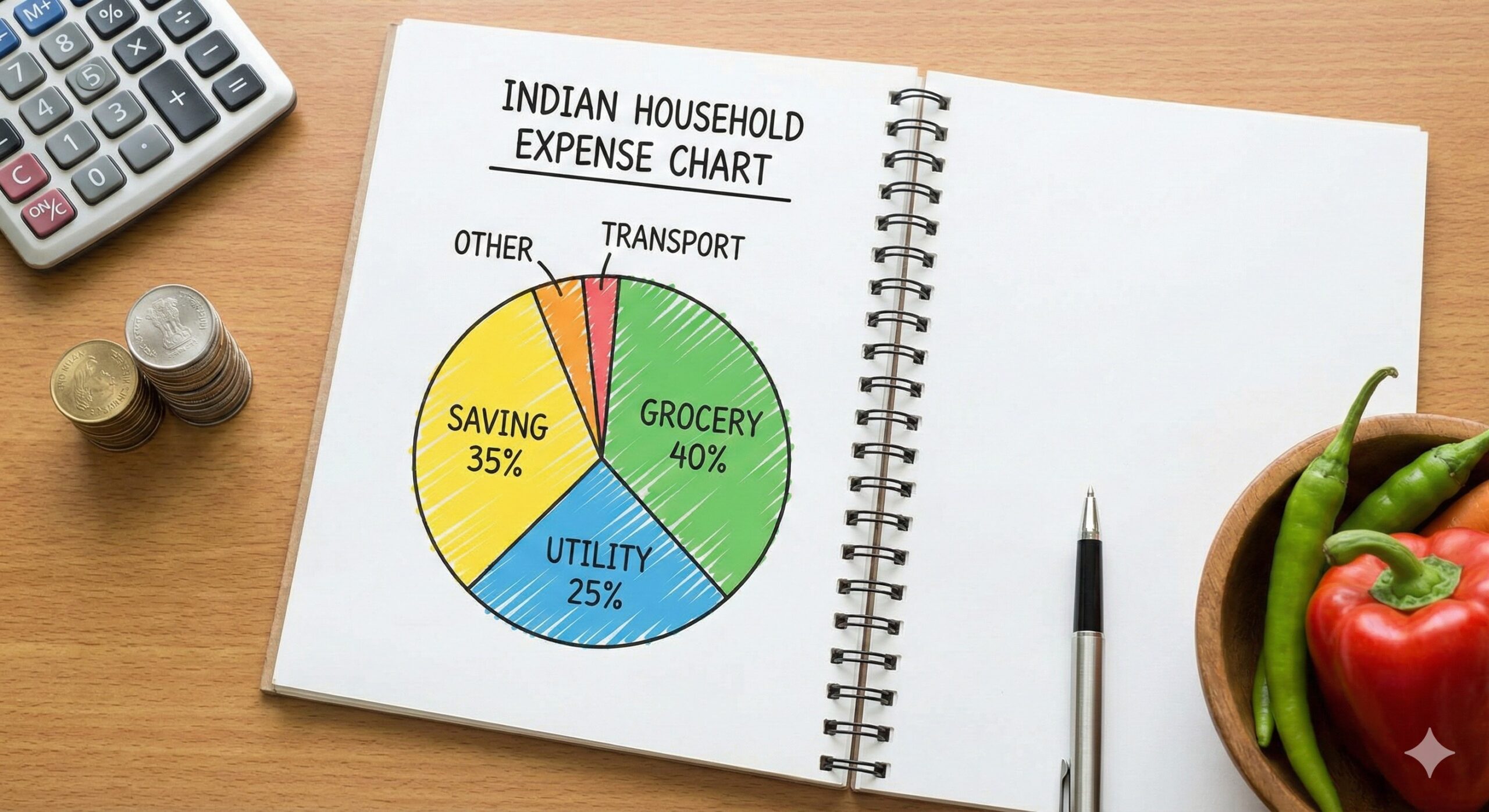 Indian household expense chart showing percentage breakdown of grocery, utility, and saving allocations. (1)