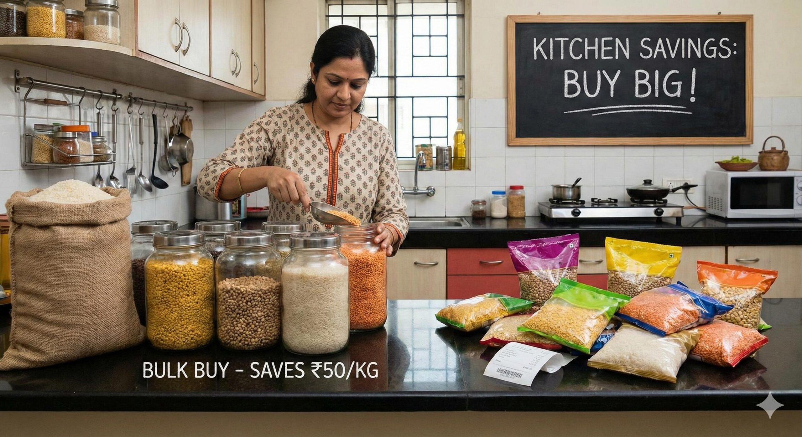 Indian kitchen grocery bulk buying savings tips 