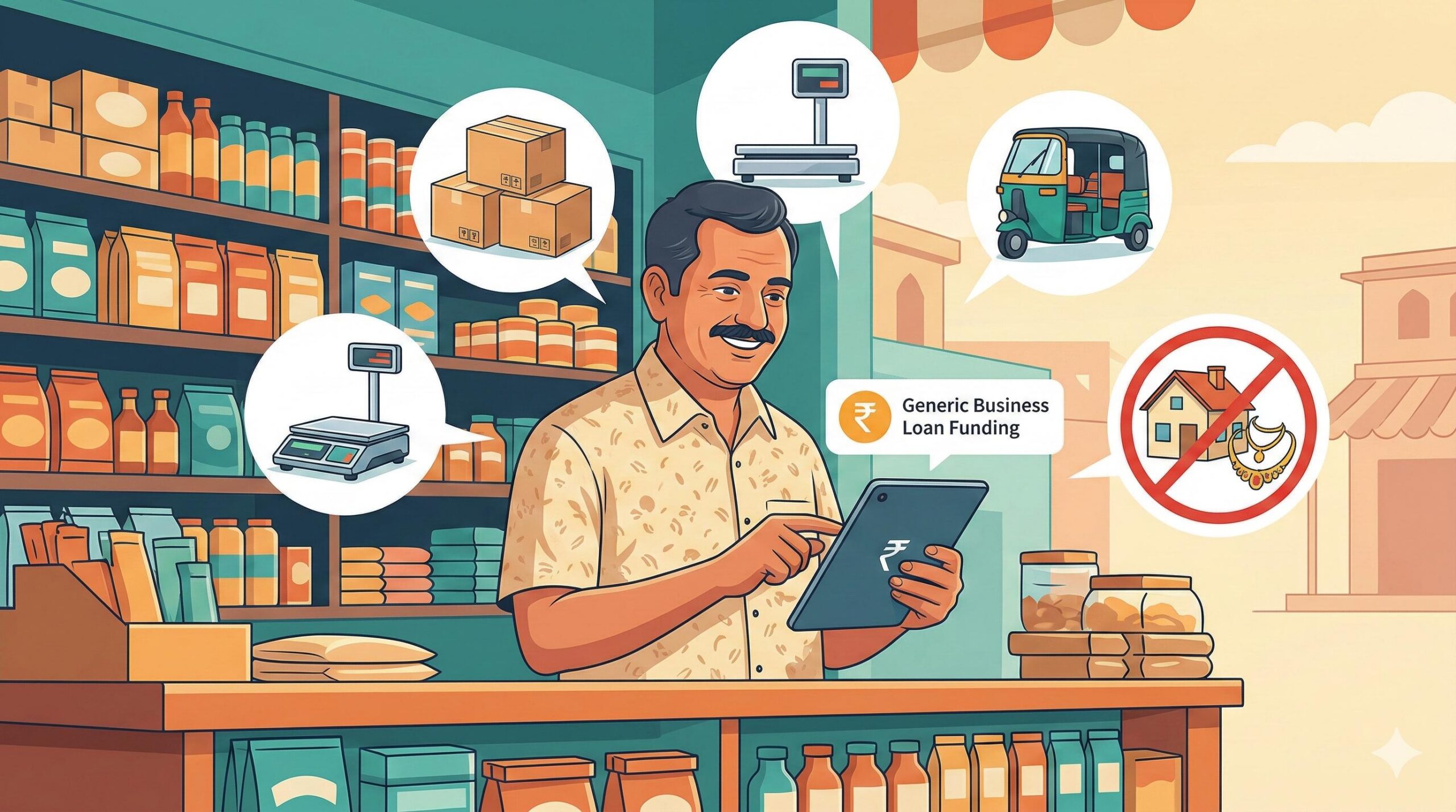 Indian shopkeeper smiling as he receives an unsecured business loan for growth.