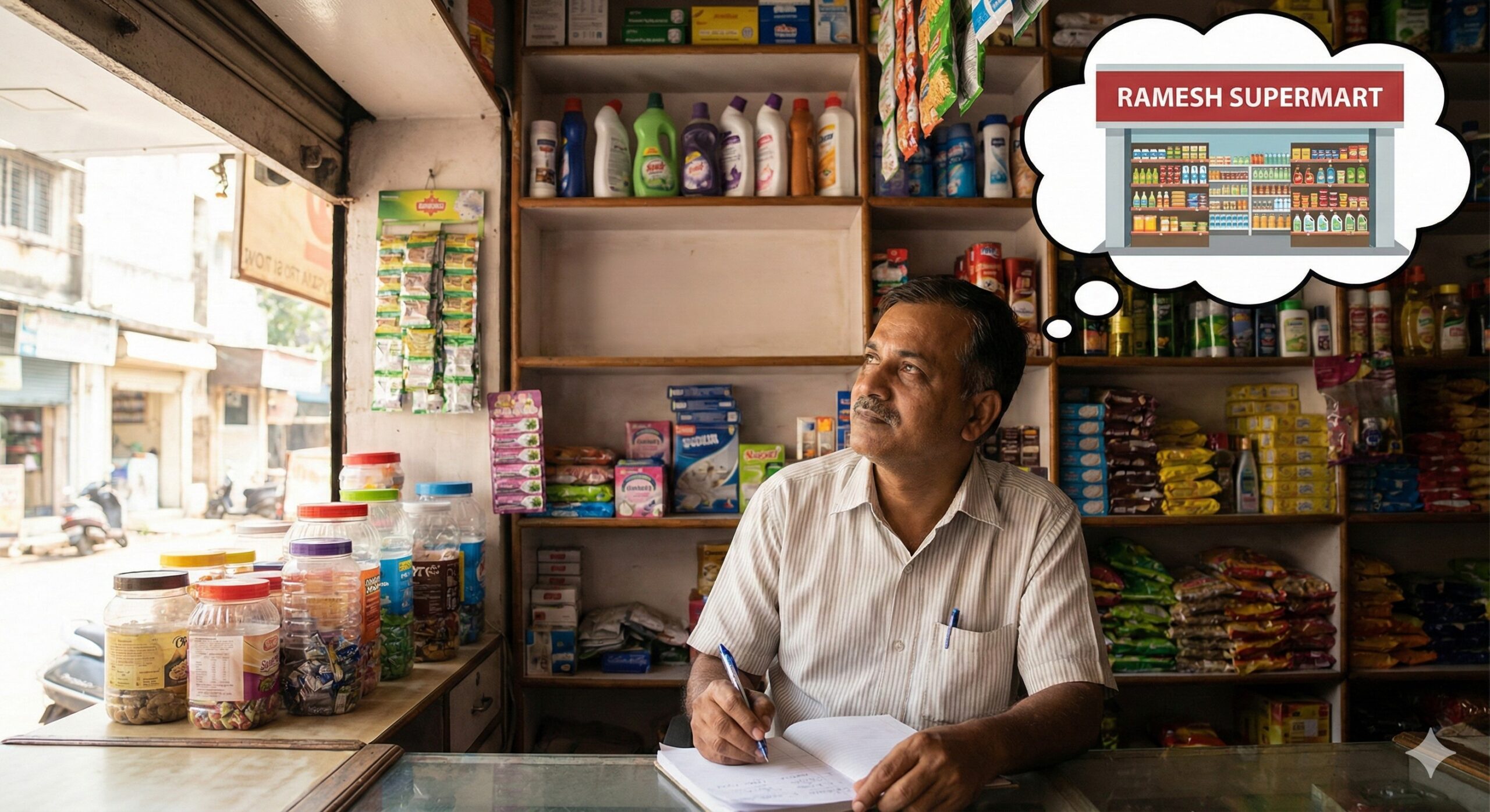 Indian shopkeeper thinking about business expansion and new stock.