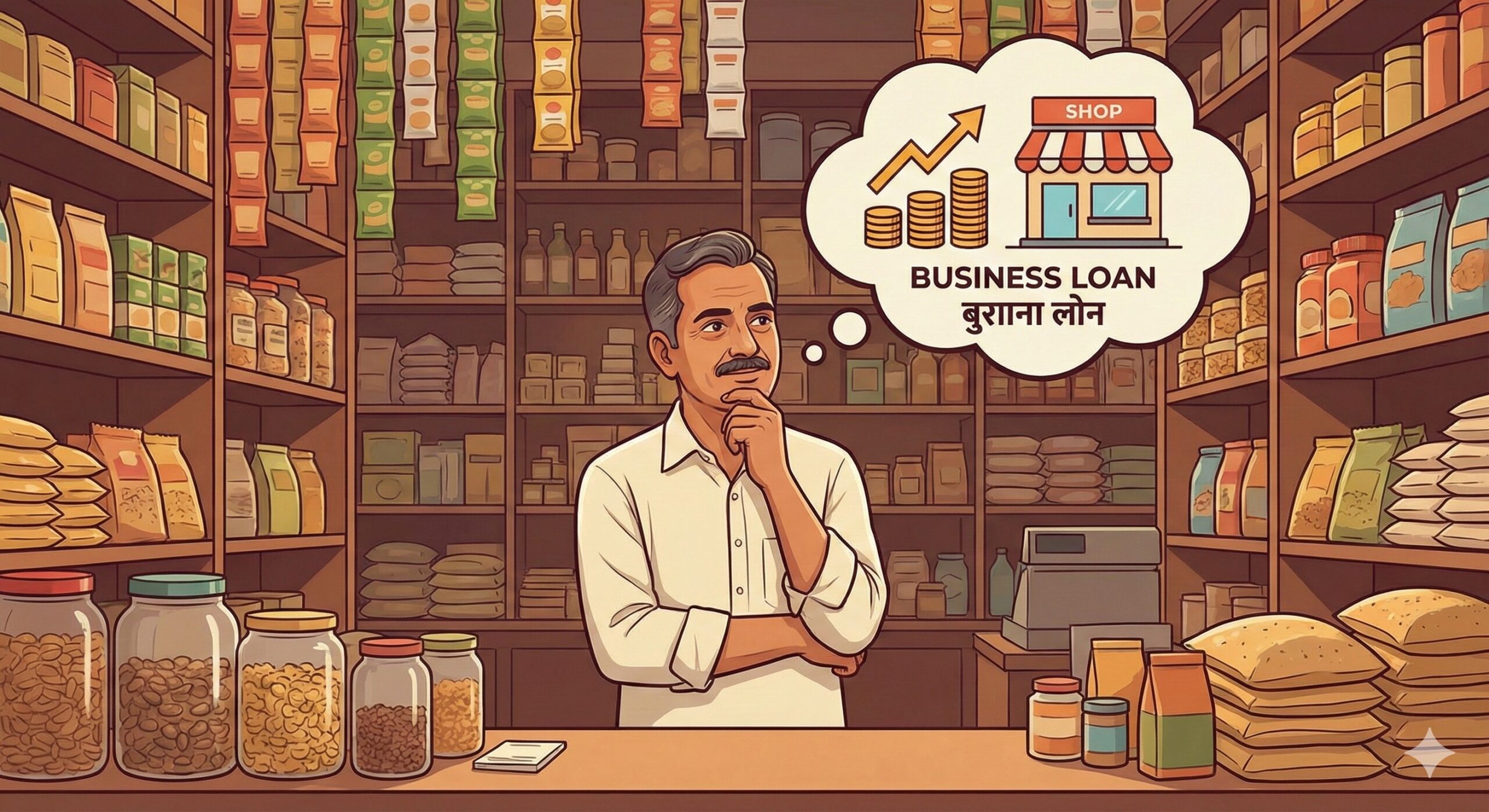 Indian shopkeeper thinking about how to get a business loan for shop expansion.