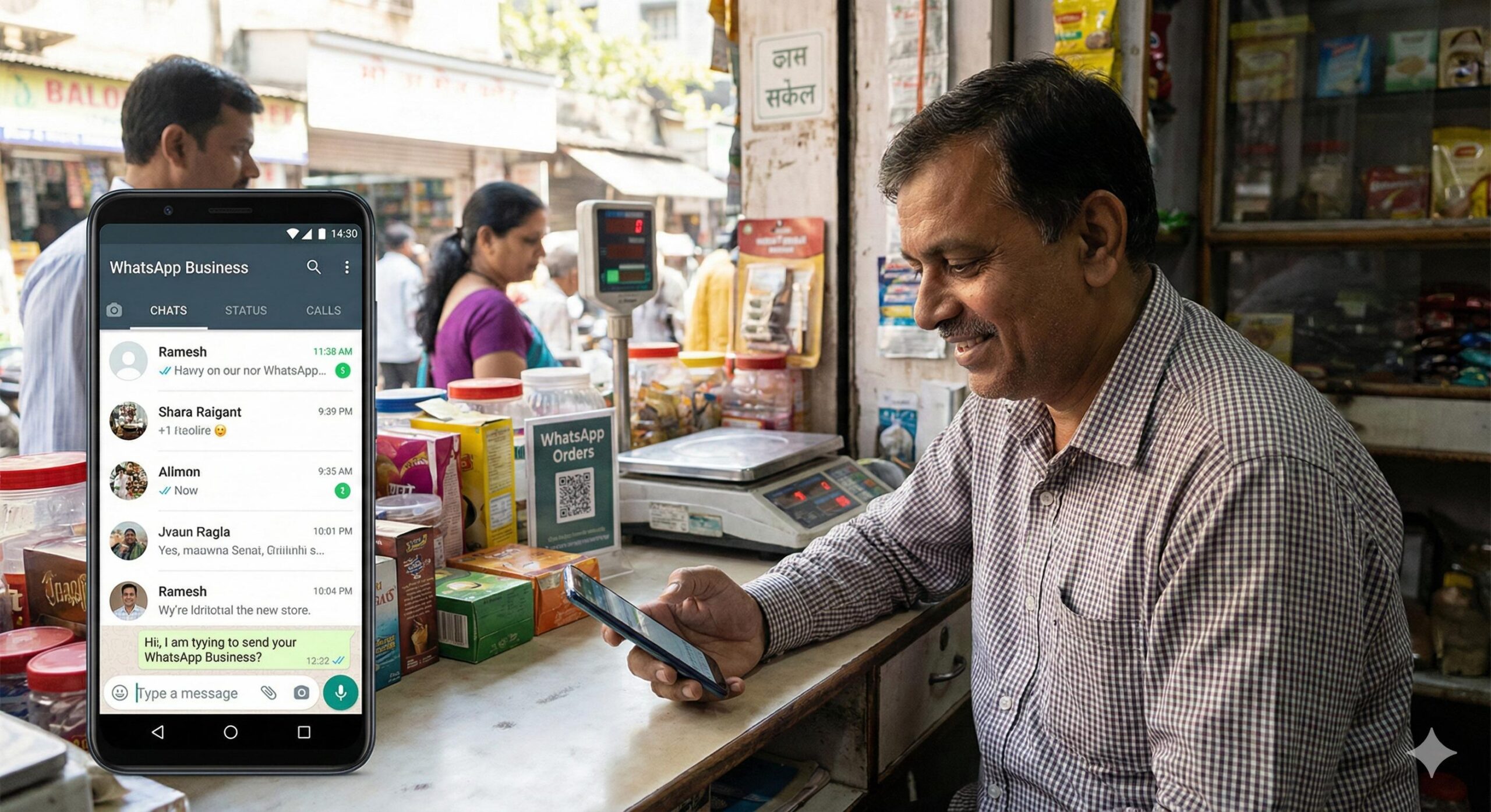 Indian shopkeeper using business whatsapp for shop owners on smartphone
