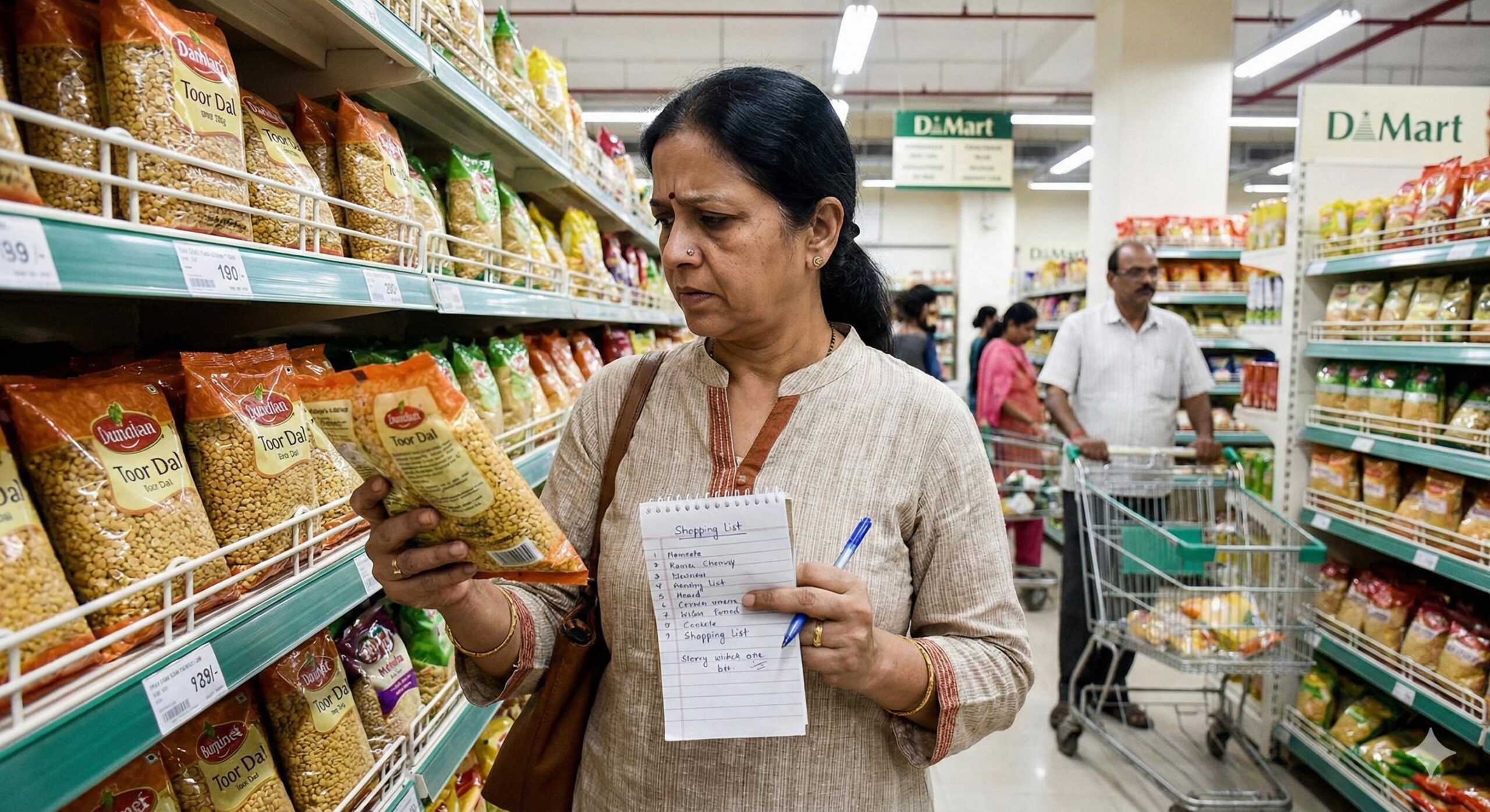 Indian woman comparing grocery prices in a supermarket with a shopping list 