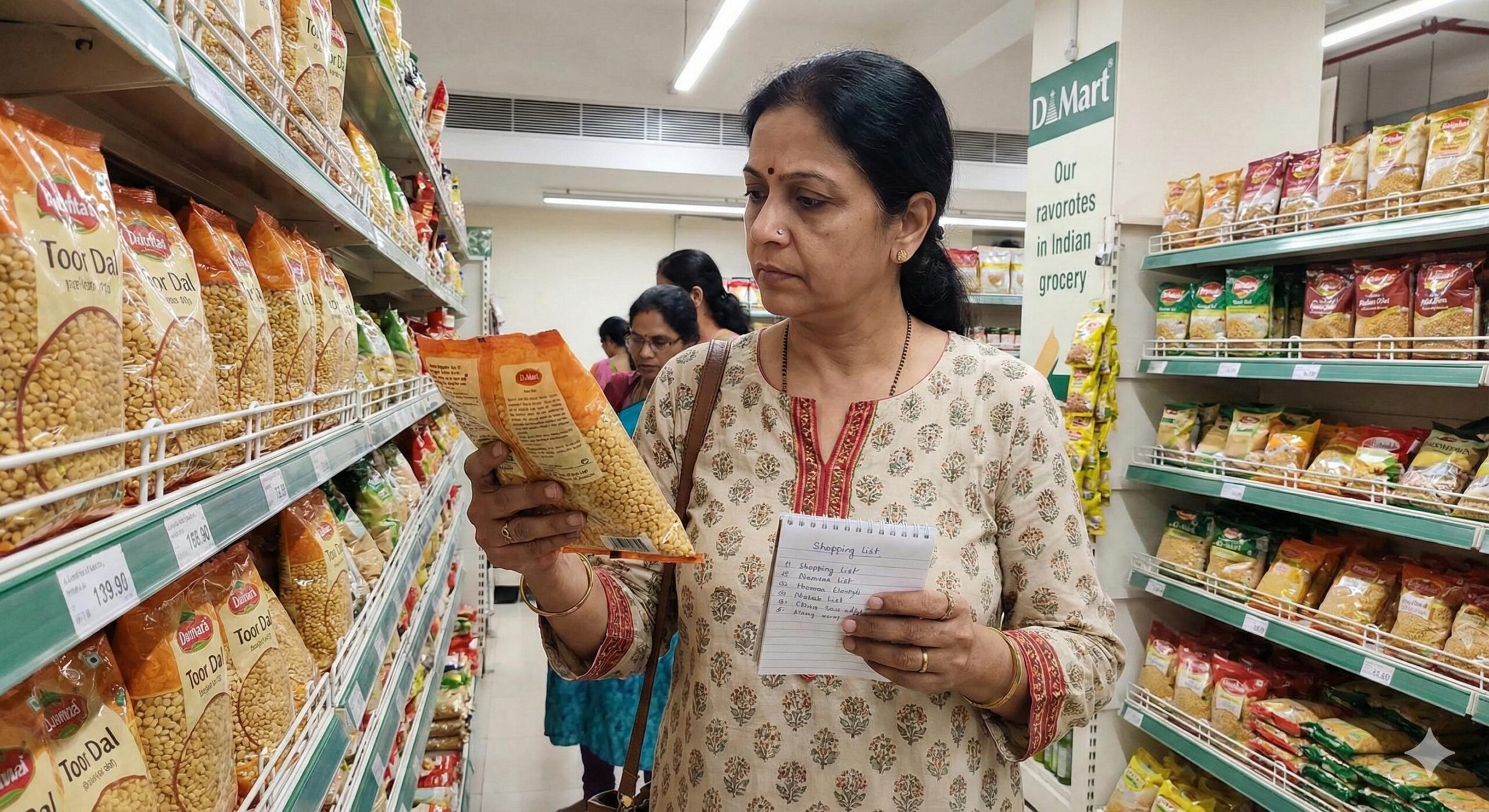 Indian woman comparing grocery prices in a supermarket with a shopping list