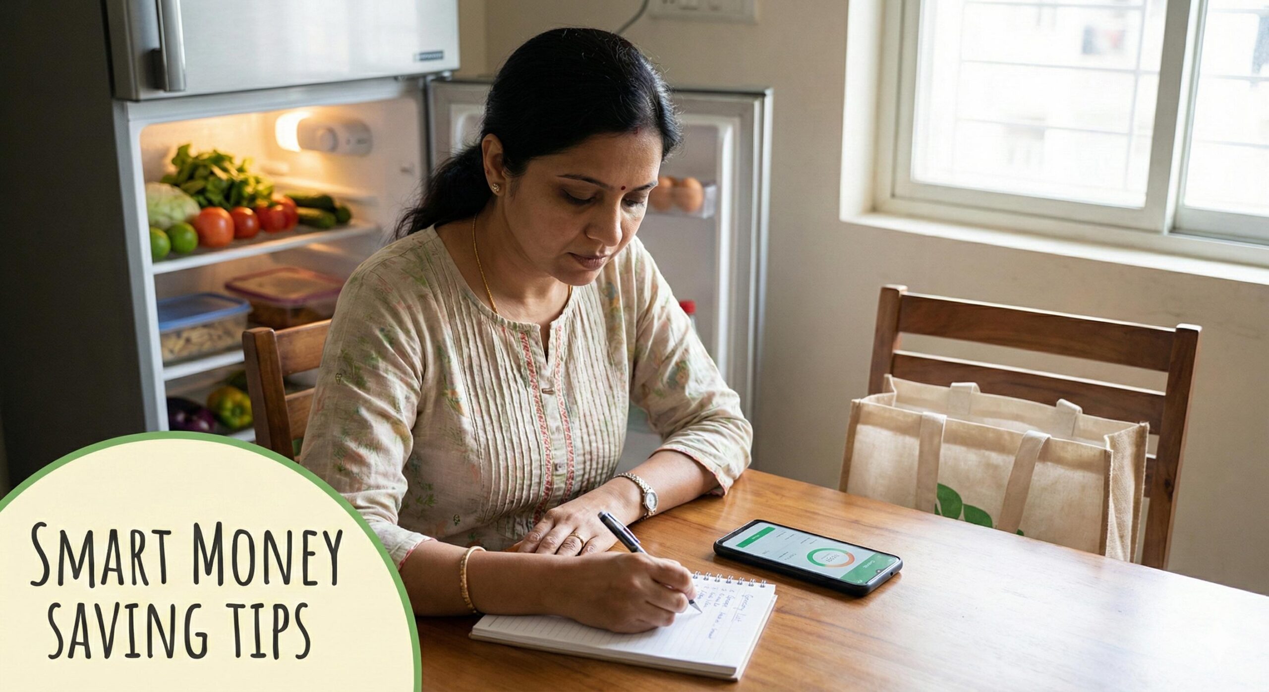 Indian woman making a grocery list in kitchen to avoid food wastage and save money