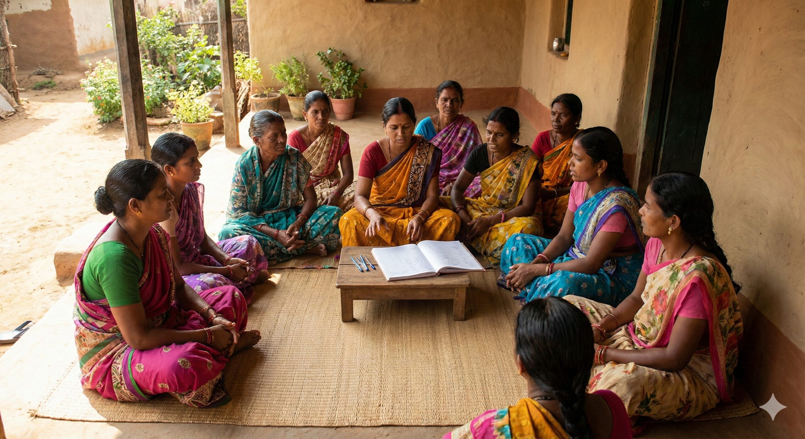 Indian women self help group SHG meeting for savings and bank loan discussion.