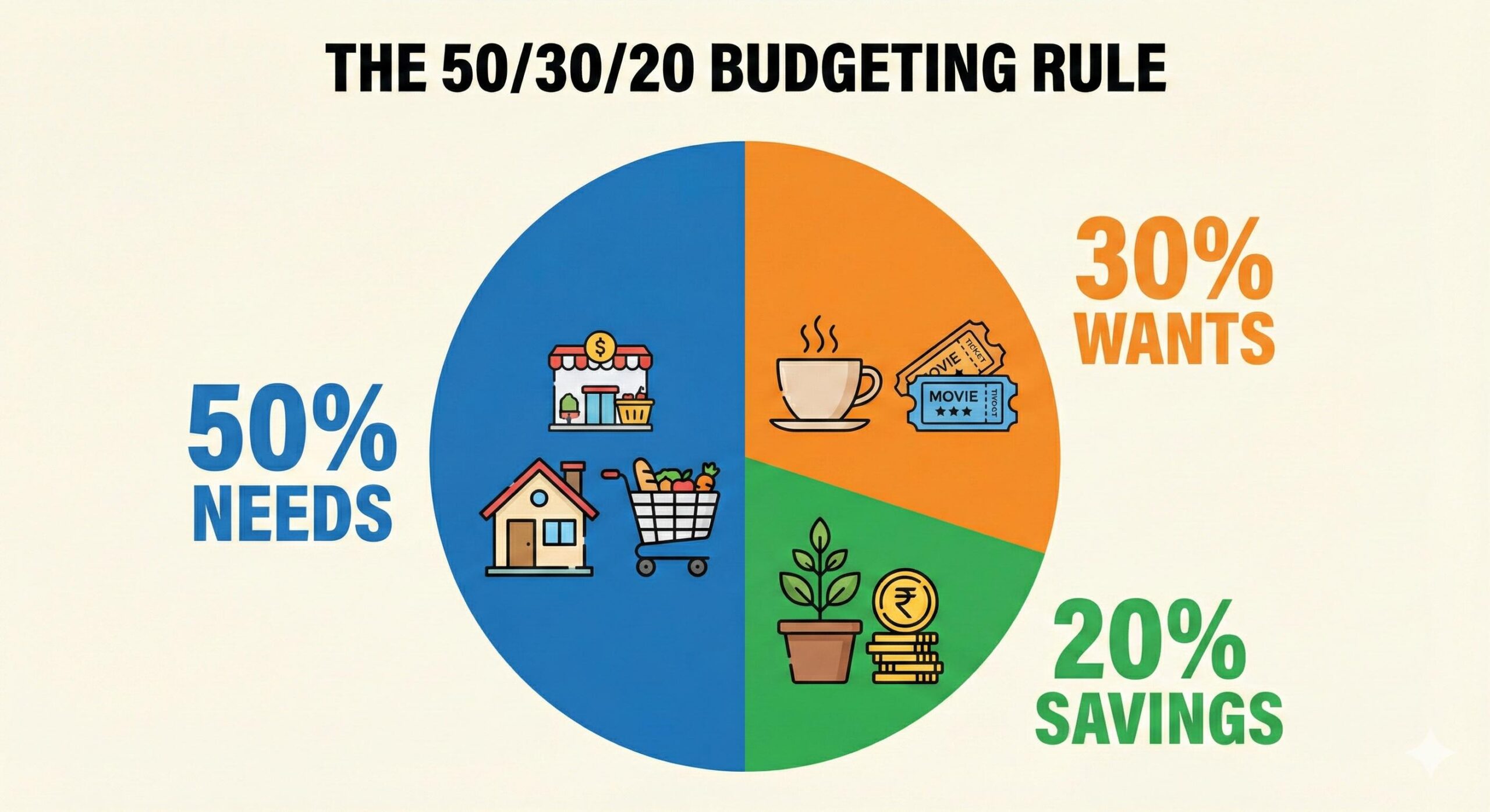 Infographic chart explaining the 50 30 20 monthly budgeting rule for Indian households, dividing income into needs, wants, and savings.