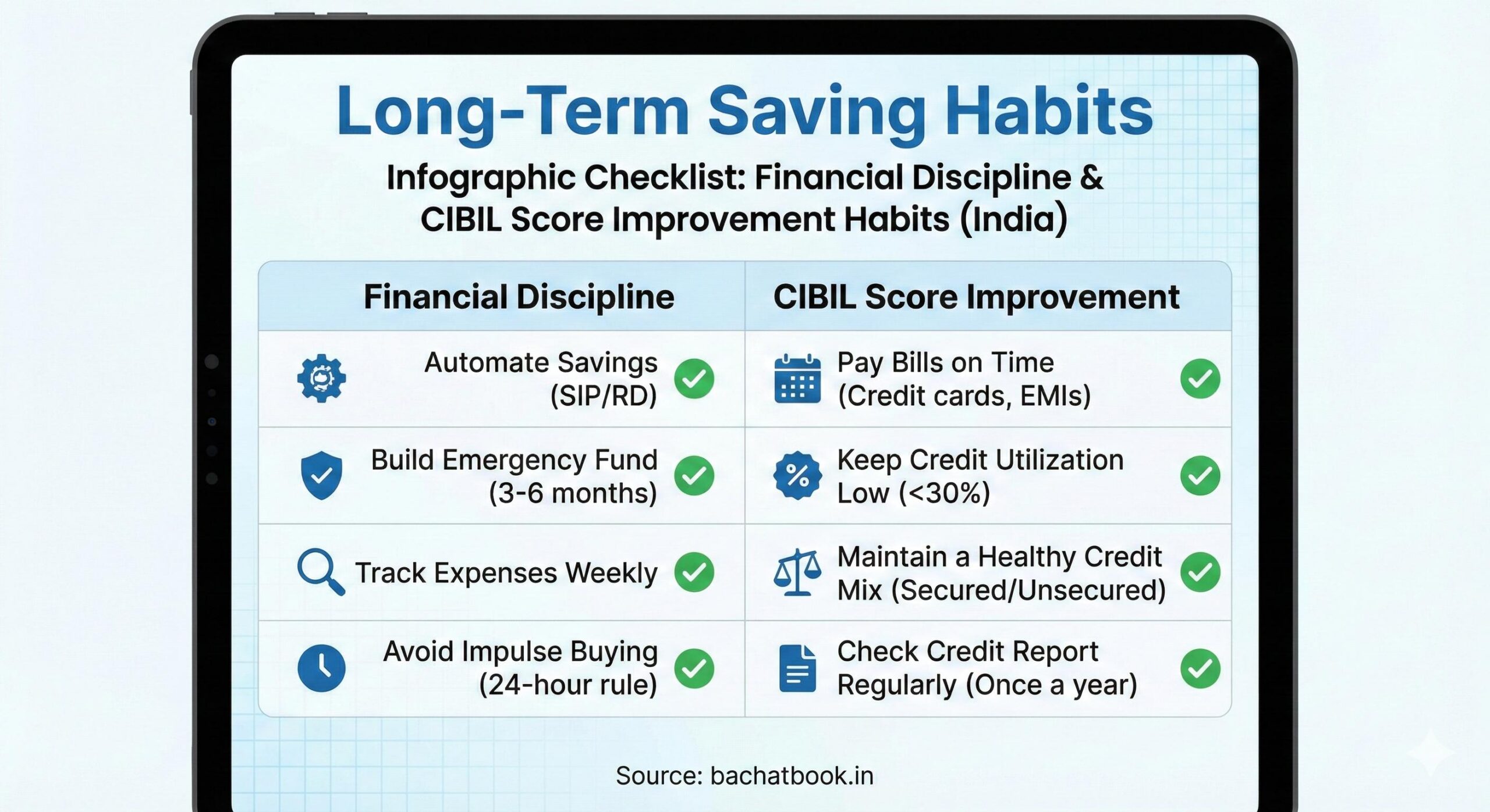 Infographic checklist of financial discipline and CIBIL score improvement habits