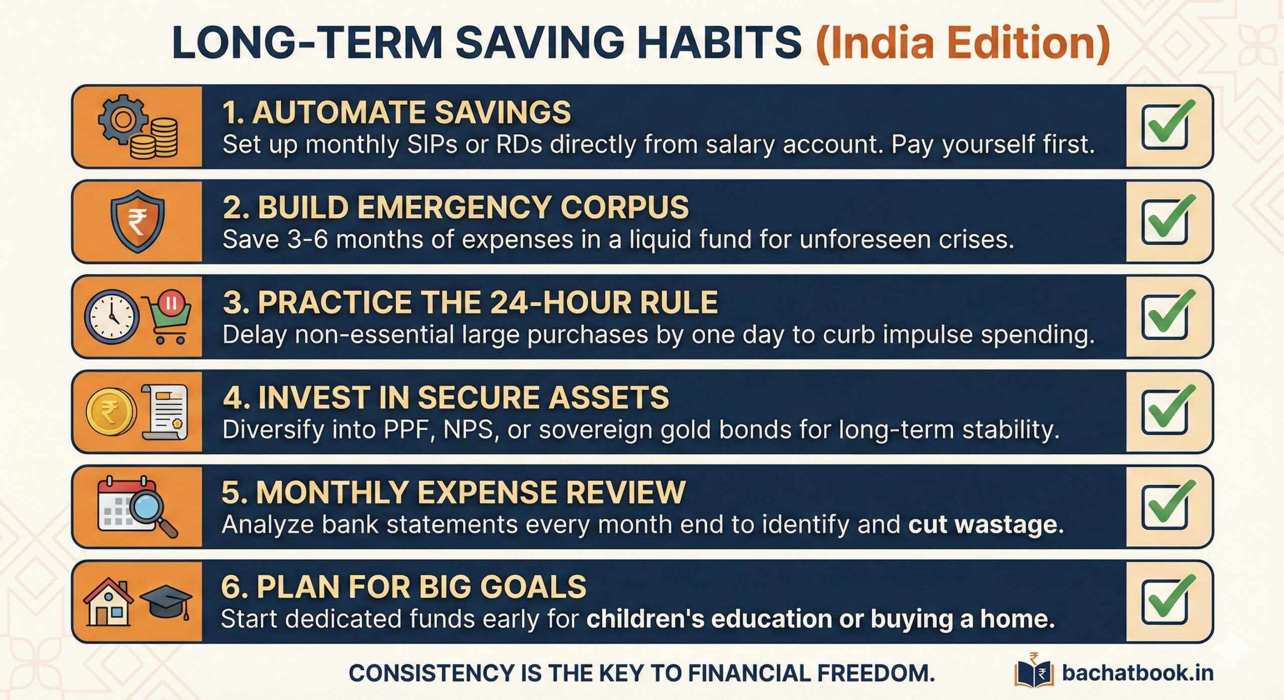 Infographic checklist of financial discipline and money saving habits for India